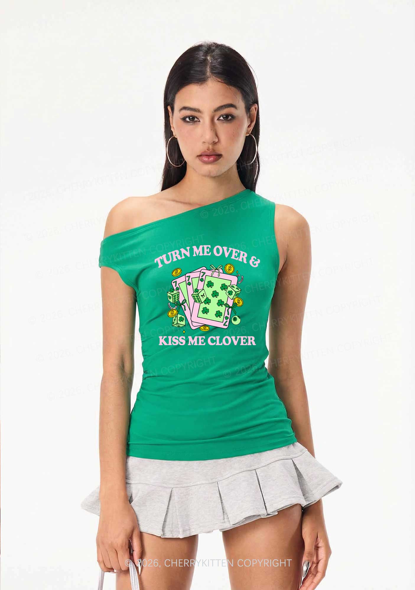Kiss Me Clover Cards St Patricks Y2K Off Shoulder Tank Top Cherrykitten - Image 2
