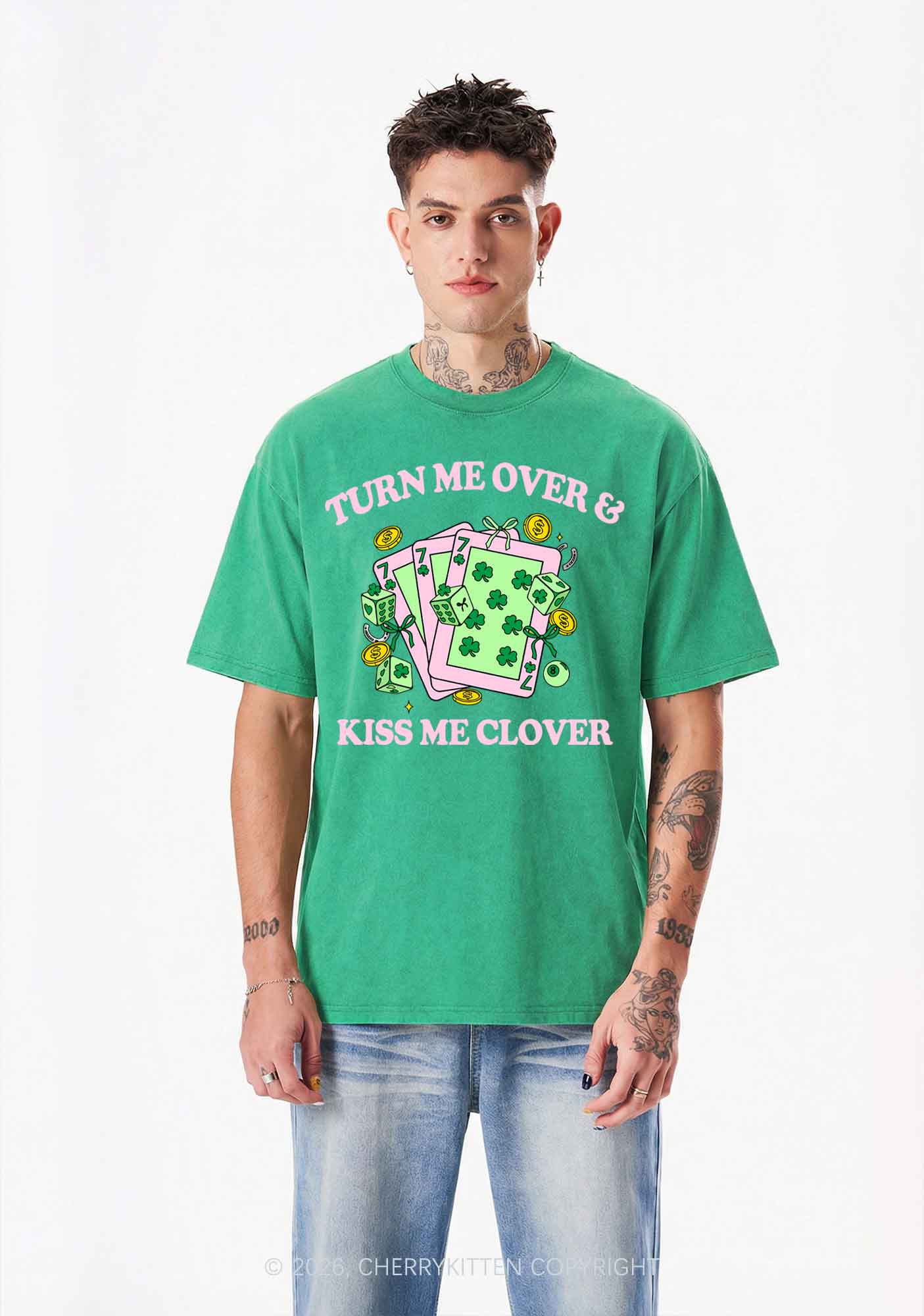 Kiss Me Clover Cards St Patricks Y2K Shirts Washed Tee Cherrykitten - Image 2