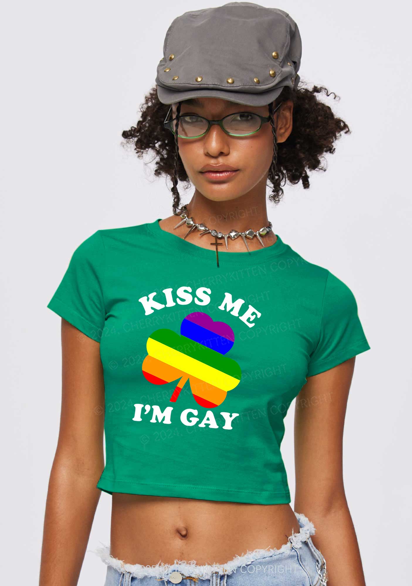 Kiss Me Im Gay St Patricks Y2K Baby Tee Cherrykitten - Image 2