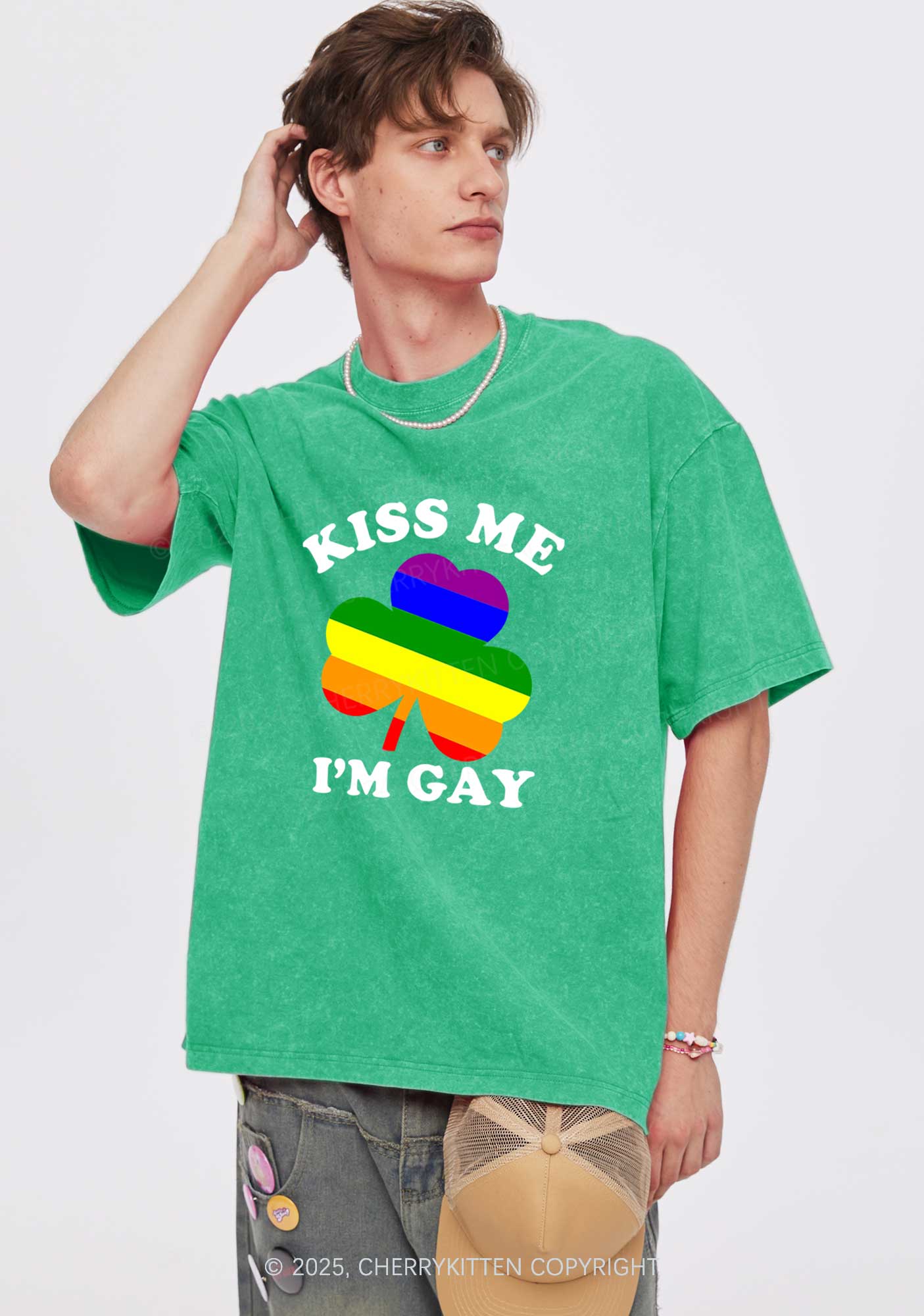 Kiss Me Im Gay St Patricks Y2K Washed Tee Cherrykitten - Image 2