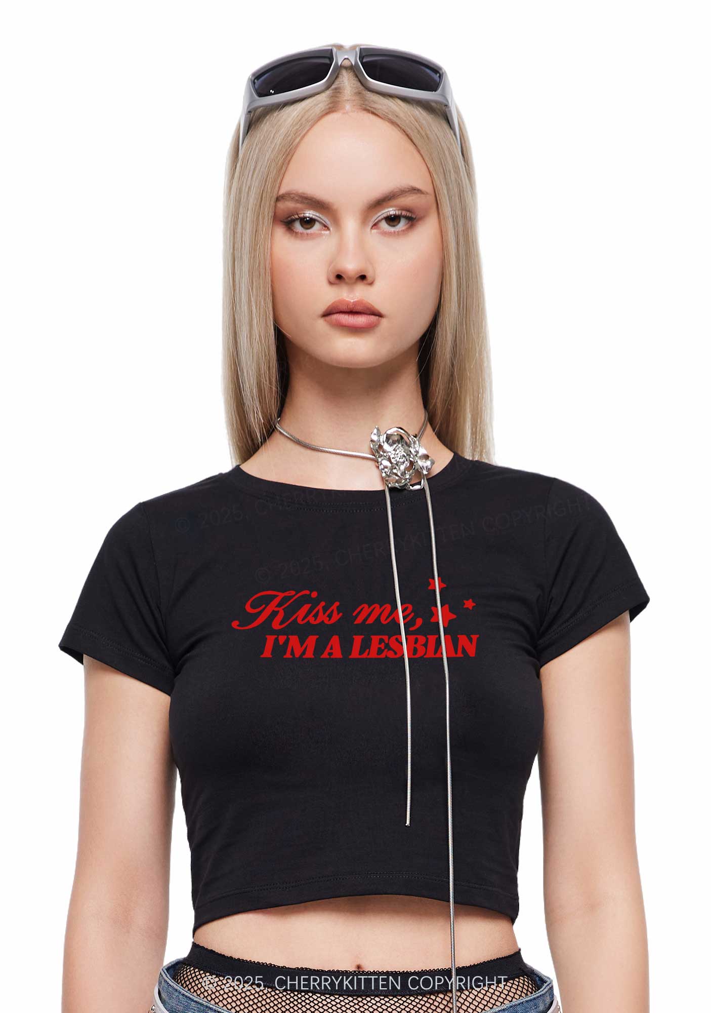Kiss Me Im Lesbian Pride Y2K Baby Tee Cherrykitten - Image 2