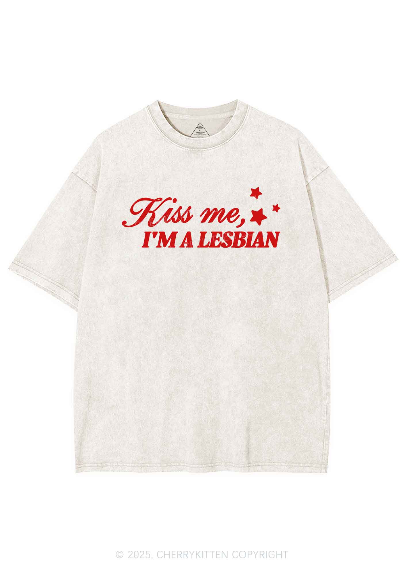 Kiss Me Im Lesbian Pride Y2K Shirts Washed Tee Cherrykitten - Image 5