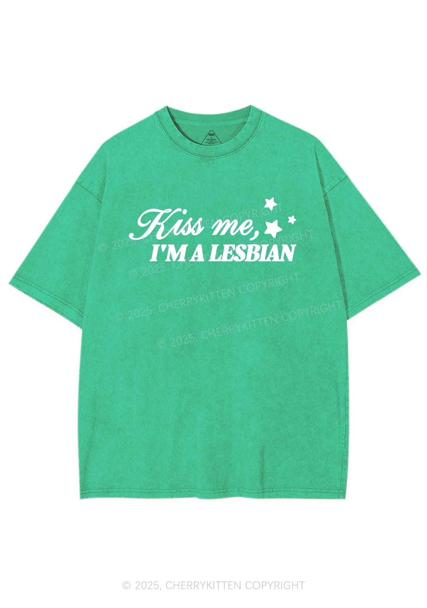 Kiss Me Im Lesbian Pride Y2K Shirts Washed Tee Cherrykitten - Image 7