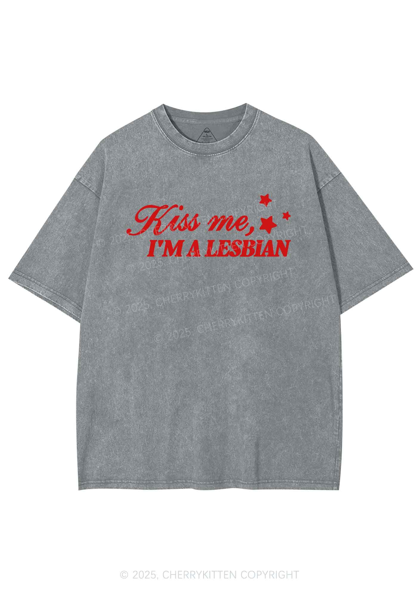 Kiss Me Im Lesbian Pride Y2K Shirts Washed Tee Cherrykitten - Image 8