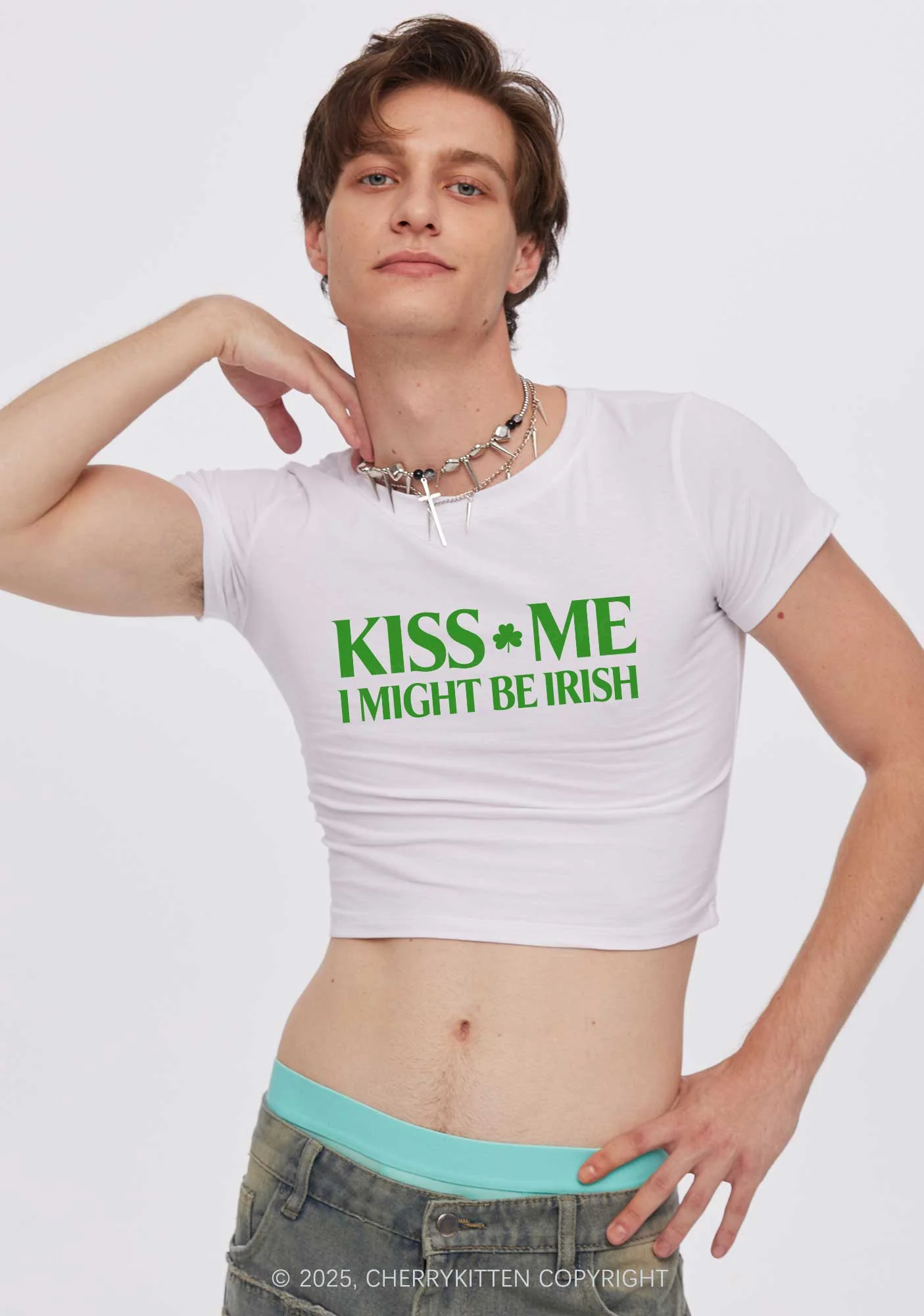 Kiss Me St Patricks Y2K Baby Tee Cherrykitten - Image 2