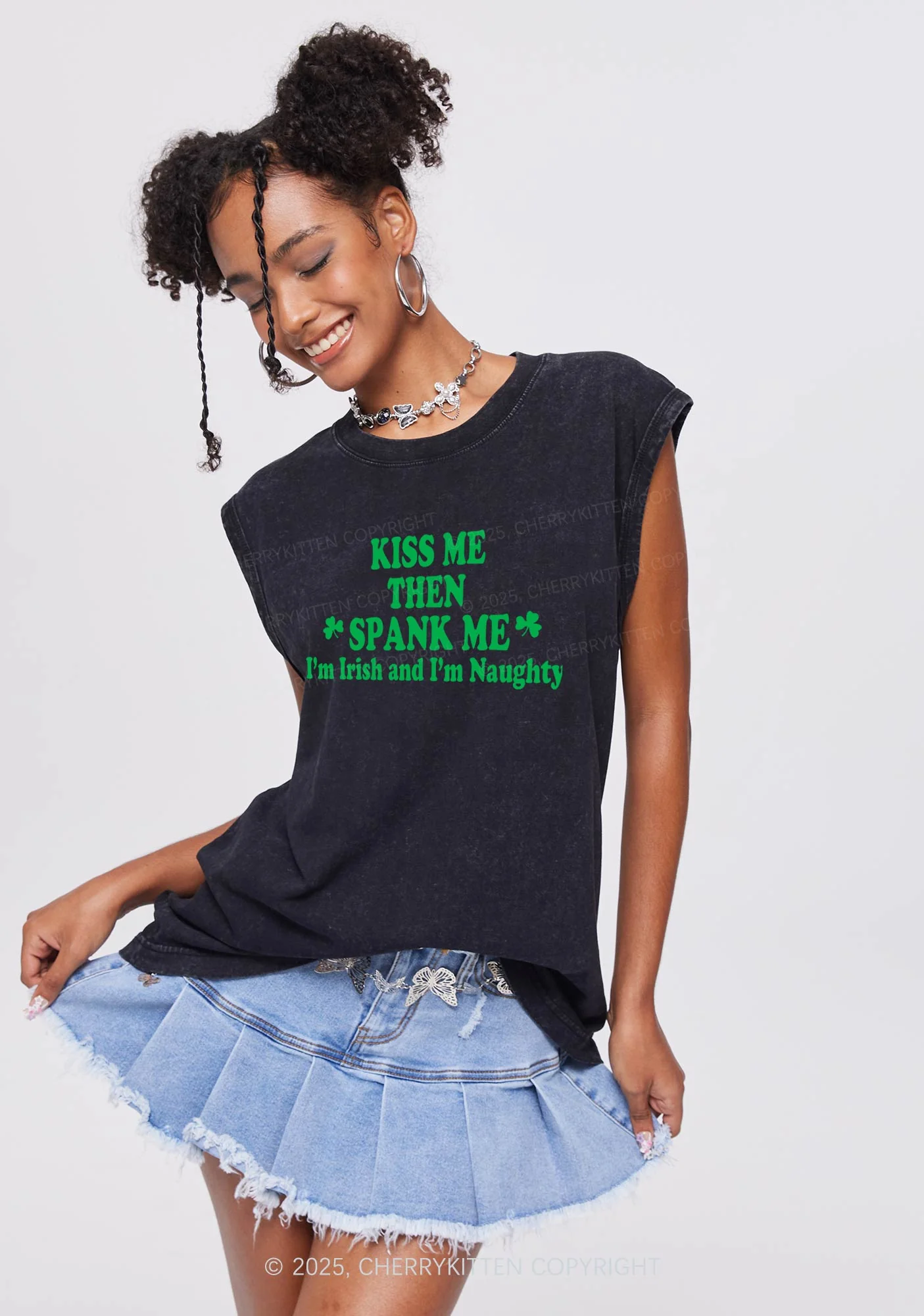 Kiss Me Then Spank Me St Patricks Y2K Washed Tank Cherrykitten - Image 2