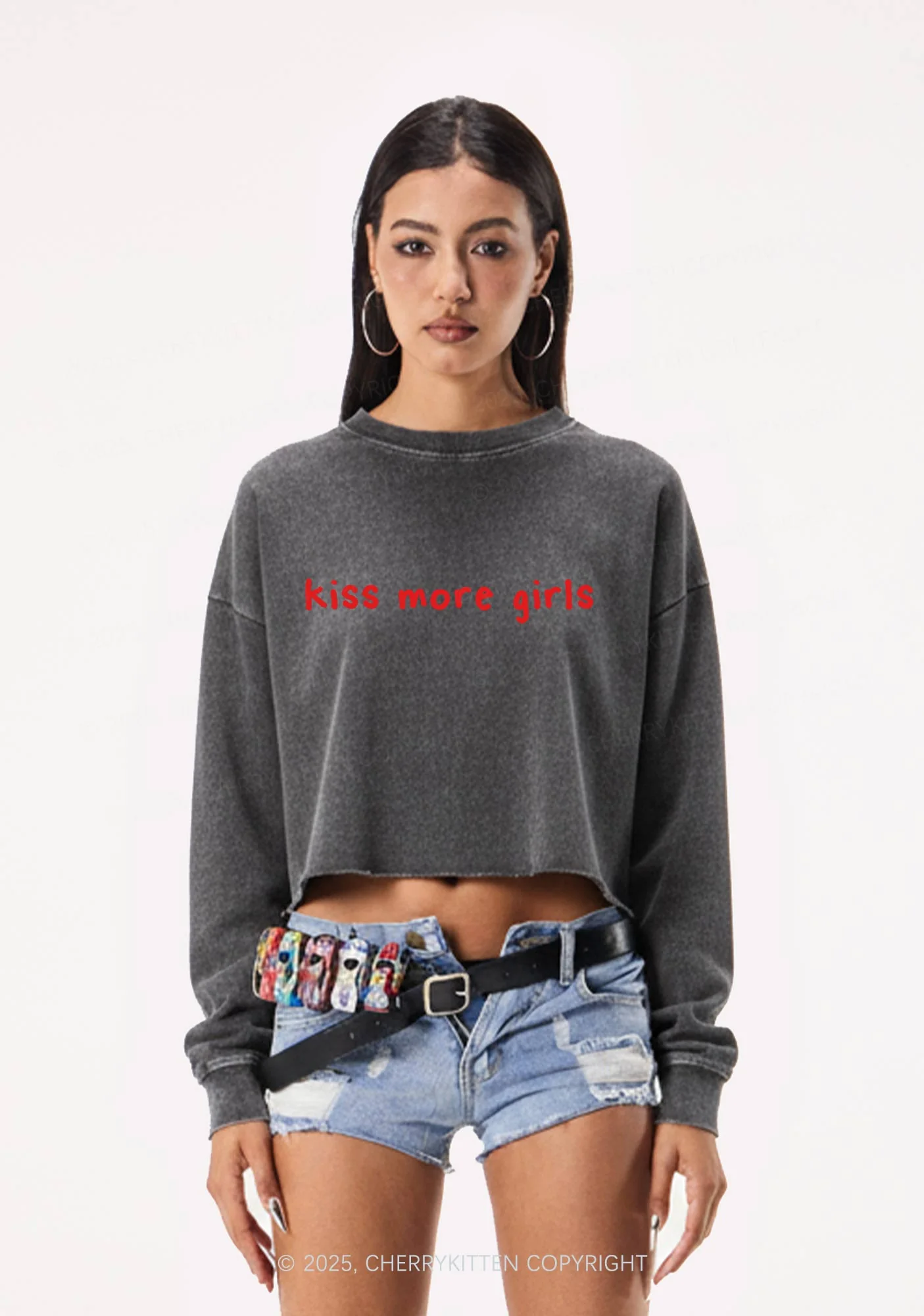 Kiss More Girls Y2K Crop Washed Sweatshirts Cherrykitten - Image 2