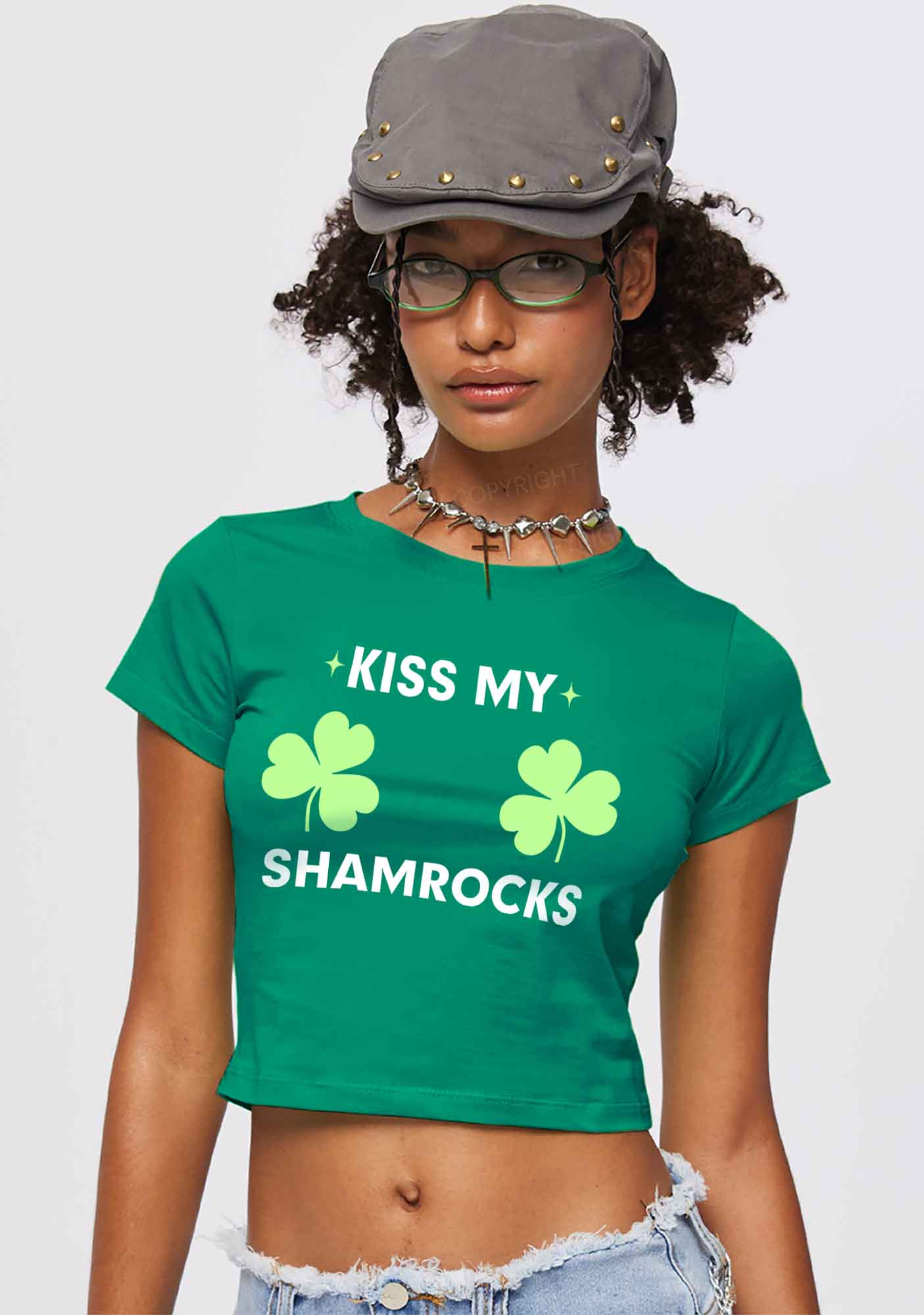Kiss My Shamrocks St Patricks Y2K Baby Tee Cherrykitten - Image 2