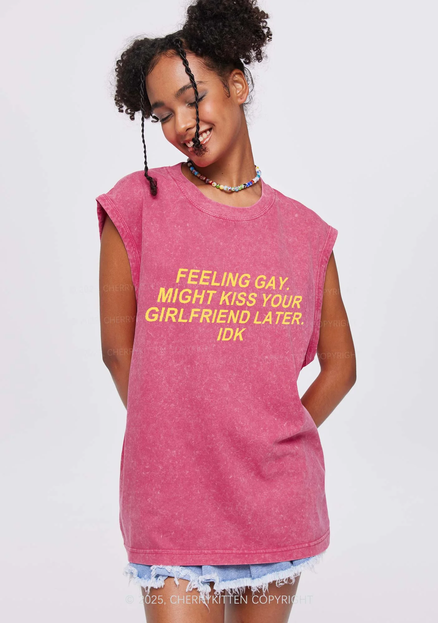 Kiss Your GF Later Pride Y2K Washed Muscle Tank Cherrykitten - Image 2