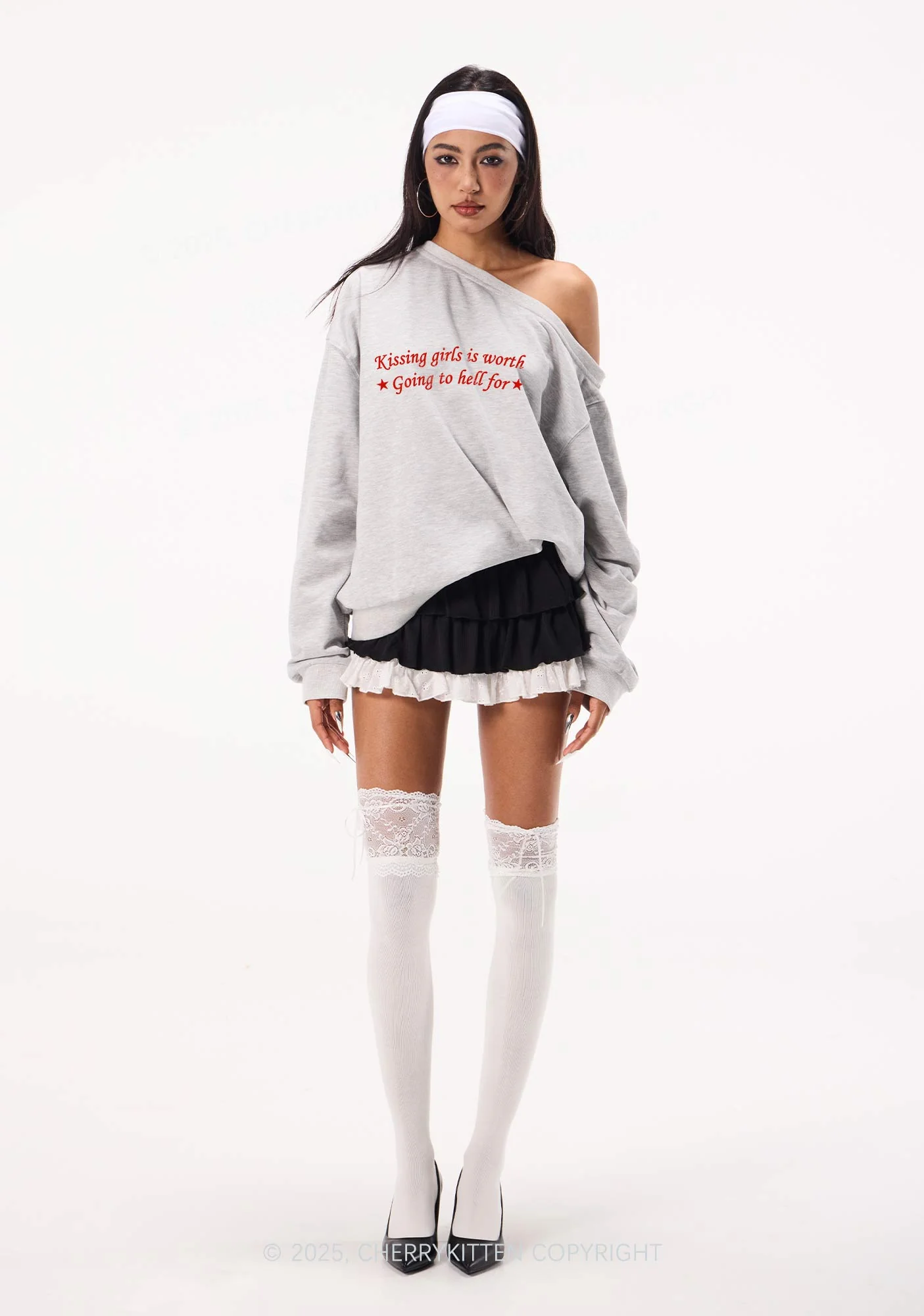 Kissing Girls is Worth Pride Y2K Off Shoulder Sweatshirts Cherrykitten - Image 2
