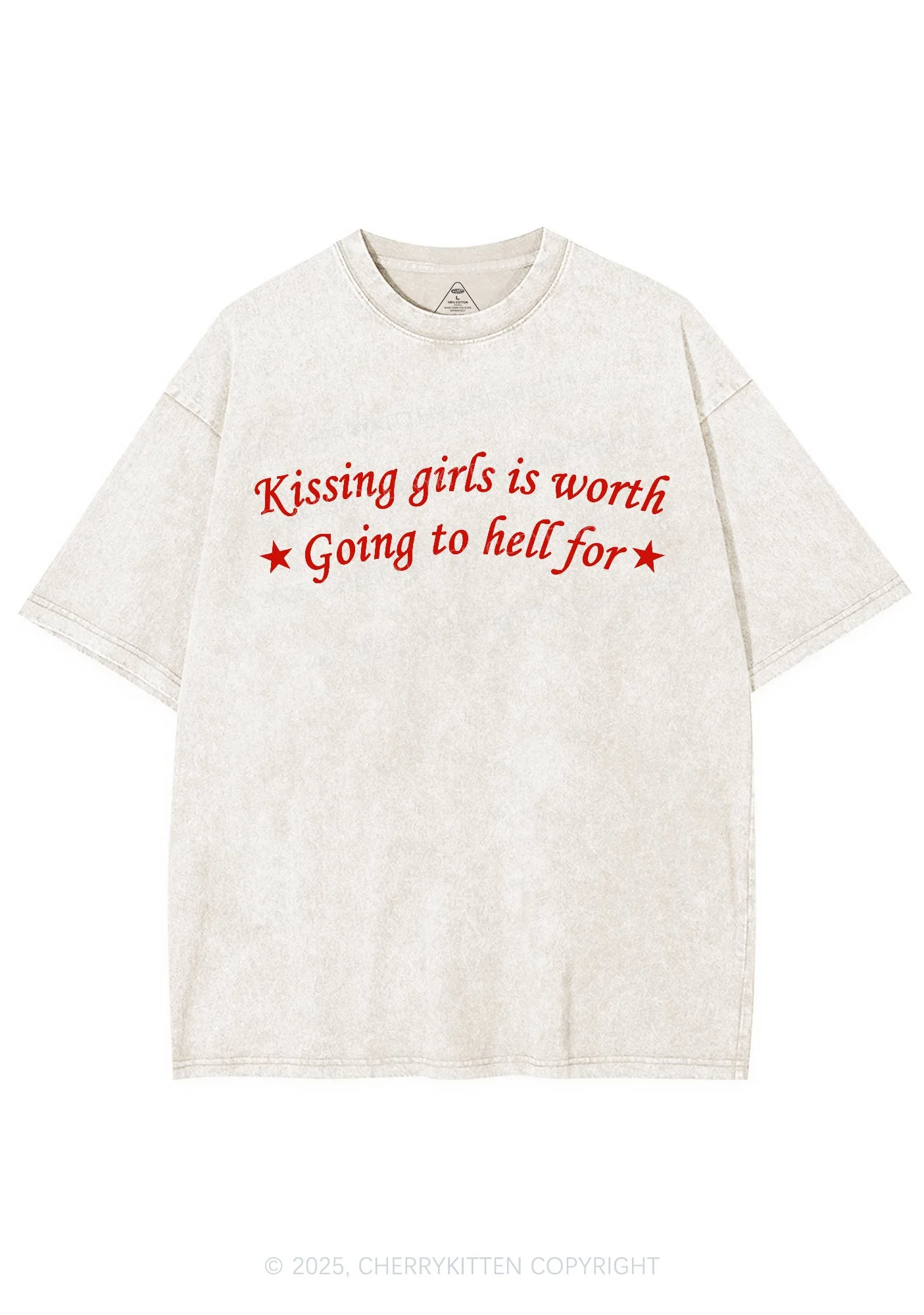Kissing Girls is Worth Y2K Shirts Washed Tee Cherrykitten - Image 4