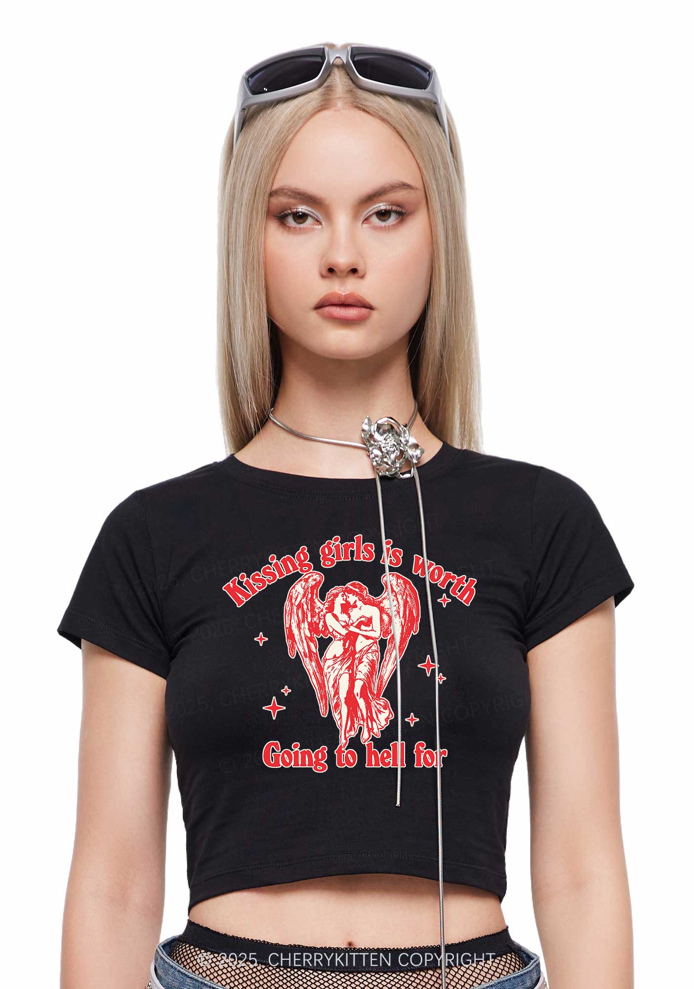 Kissing Girls To Hell Pride Y2K Baby Tee Cherrykitten - Image 2