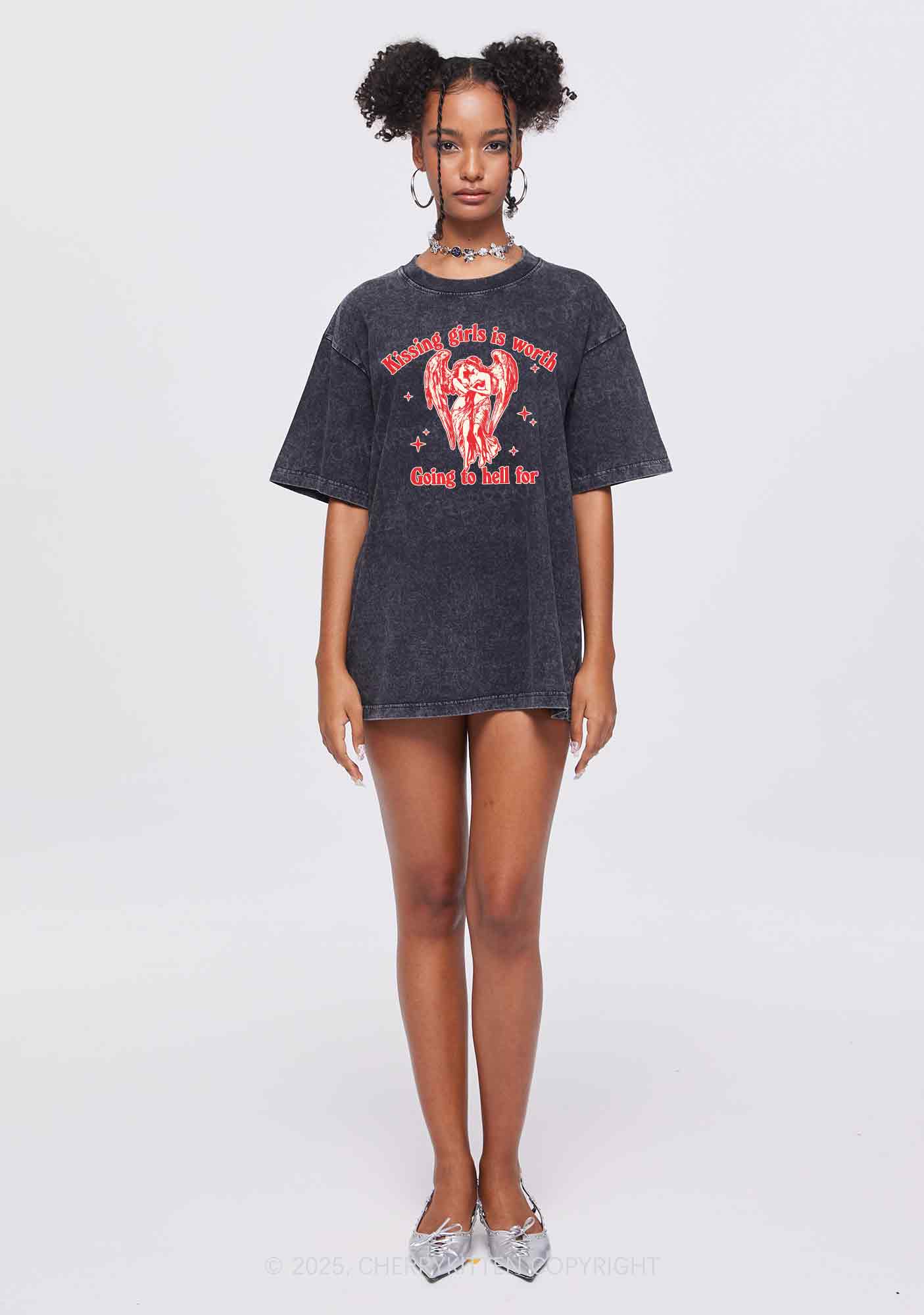 Kissing Girls To Hell Pride Y2K Shirts Washed Tee Cherrykitten - Image 2