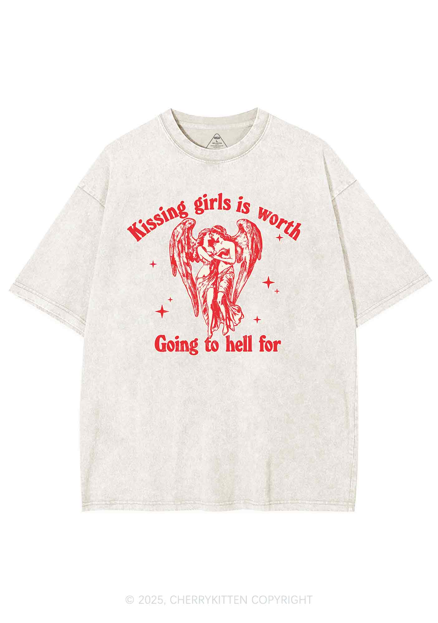 Kissing Girls To Hell Pride Y2K Shirts Washed Tee Cherrykitten - Image 3