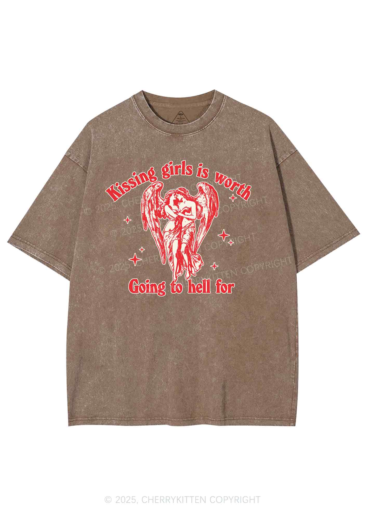 Kissing Girls To Hell Pride Y2K Shirts Washed Tee Cherrykitten - Image 4