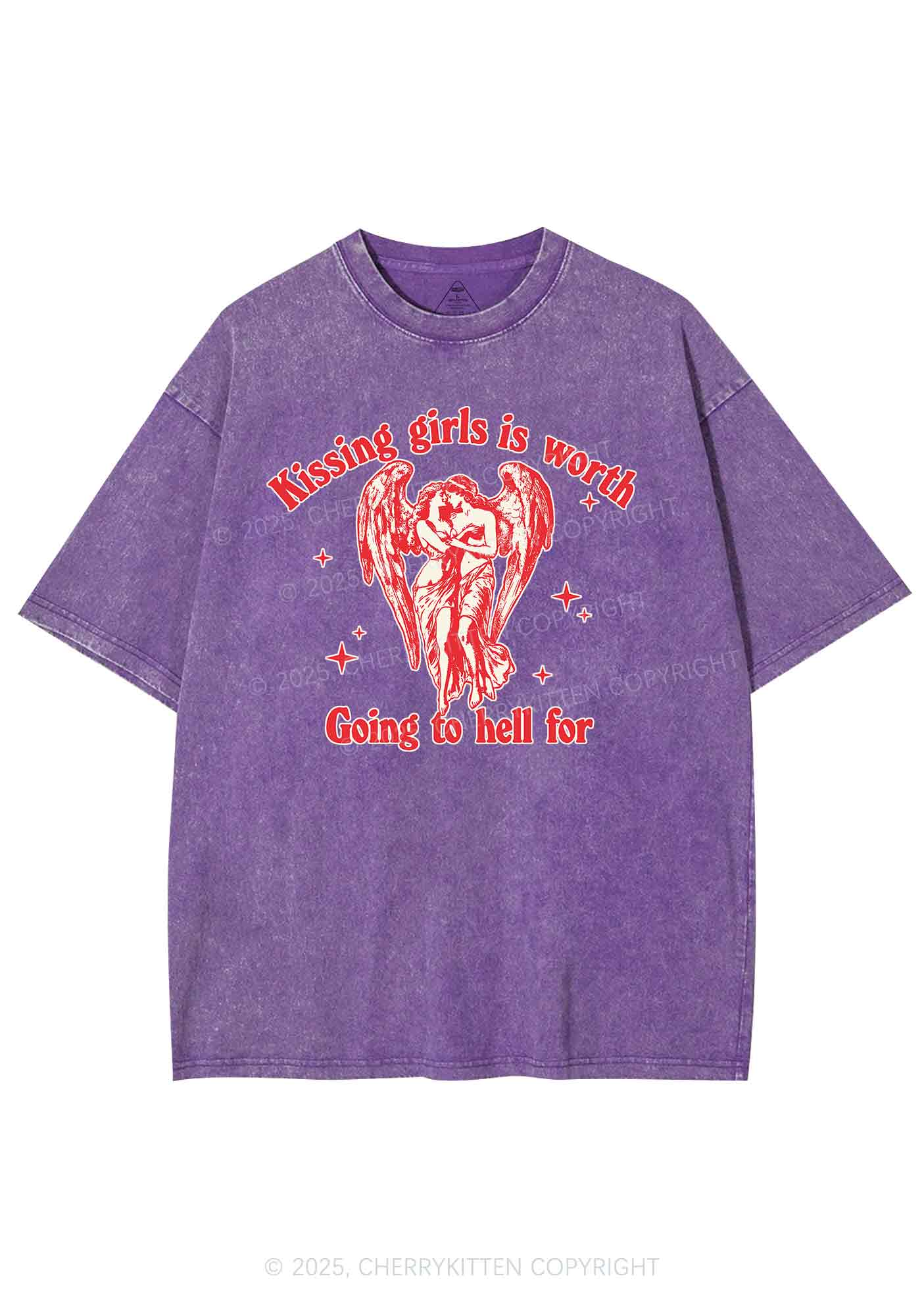 Kissing Girls To Hell Pride Y2K Shirts Washed Tee Cherrykitten - Image 5
