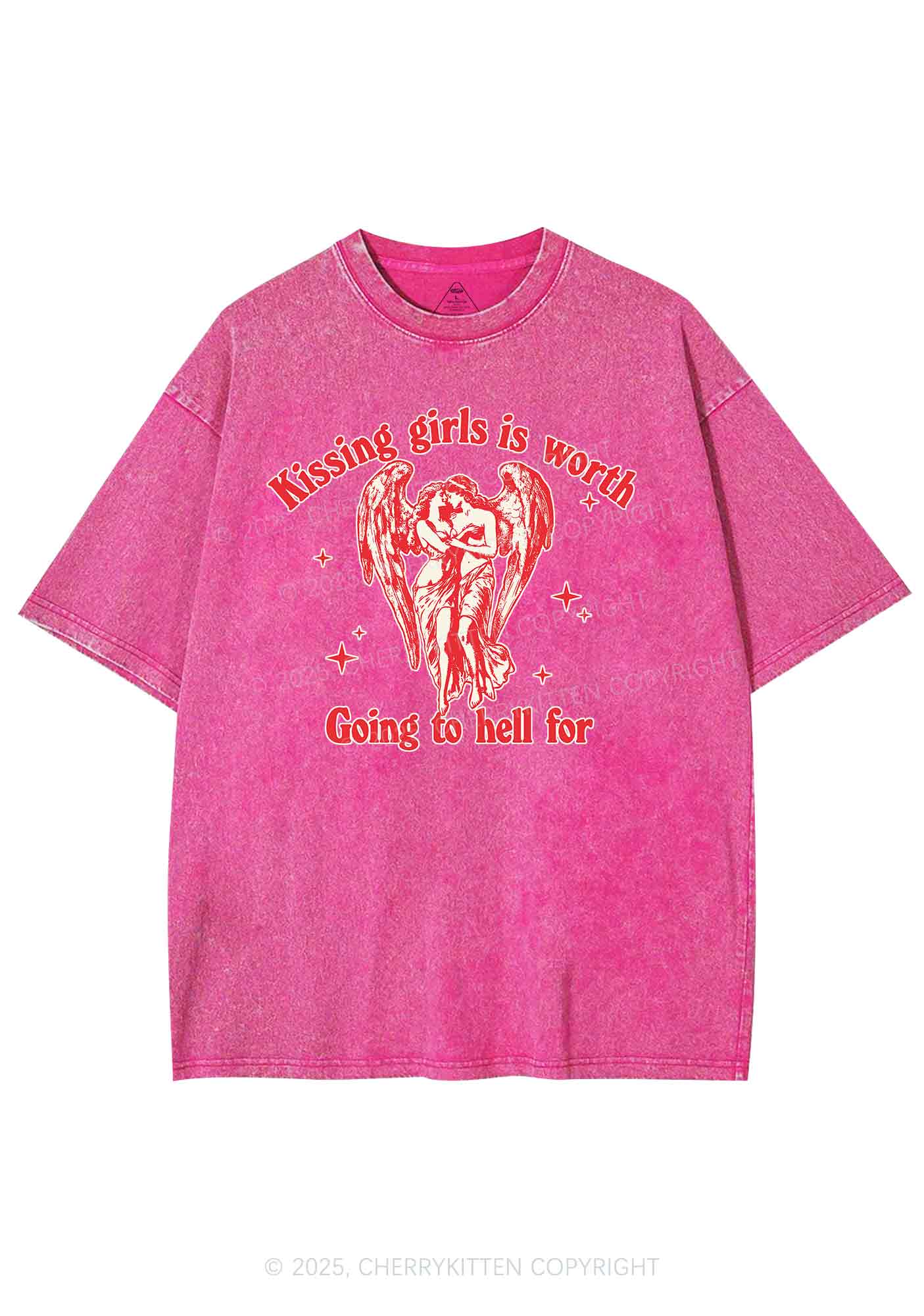 Kissing Girls To Hell Pride Y2K Shirts Washed Tee Cherrykitten - Image 6