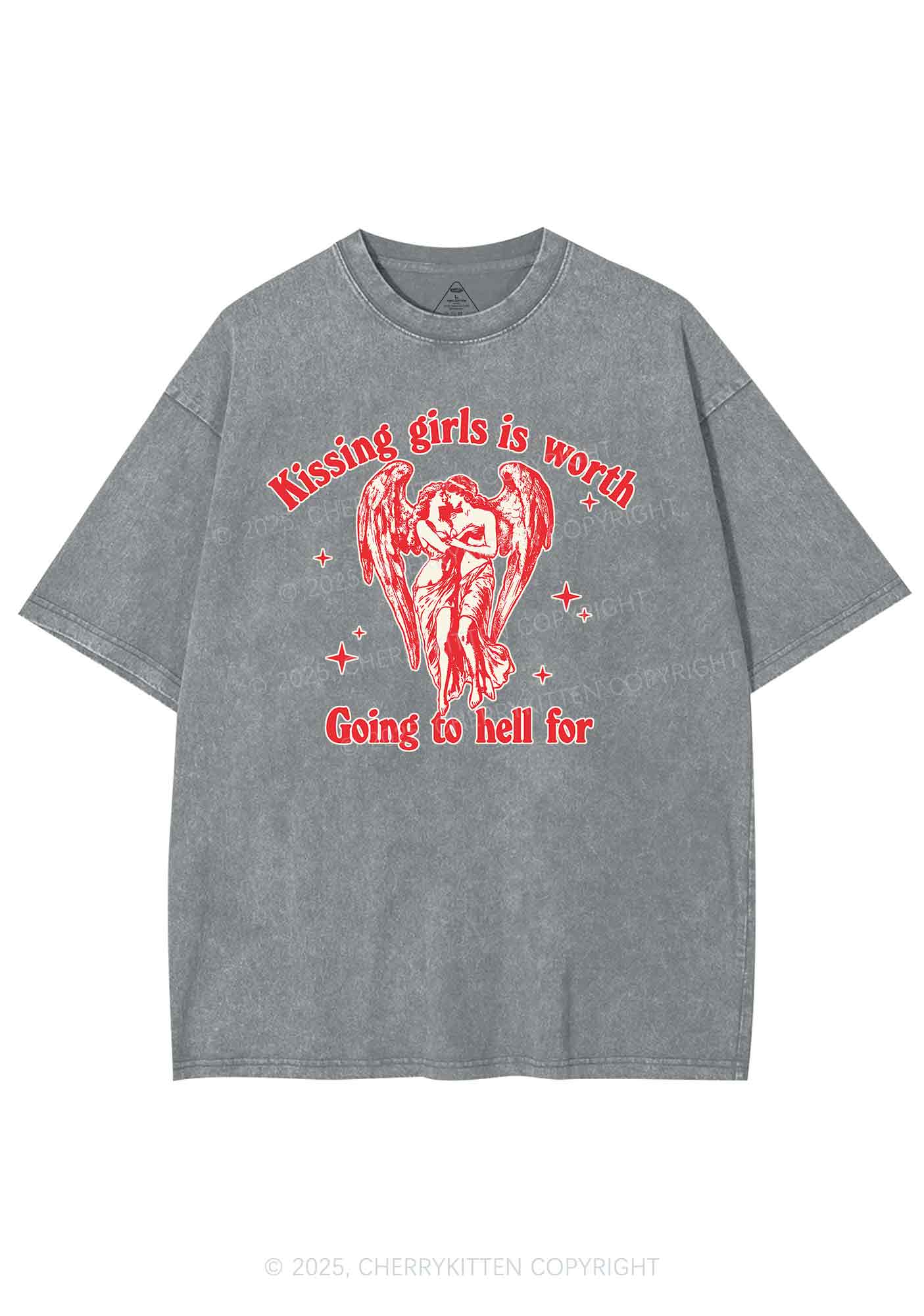 Kissing Girls To Hell Pride Y2K Shirts Washed Tee Cherrykitten - Image 7