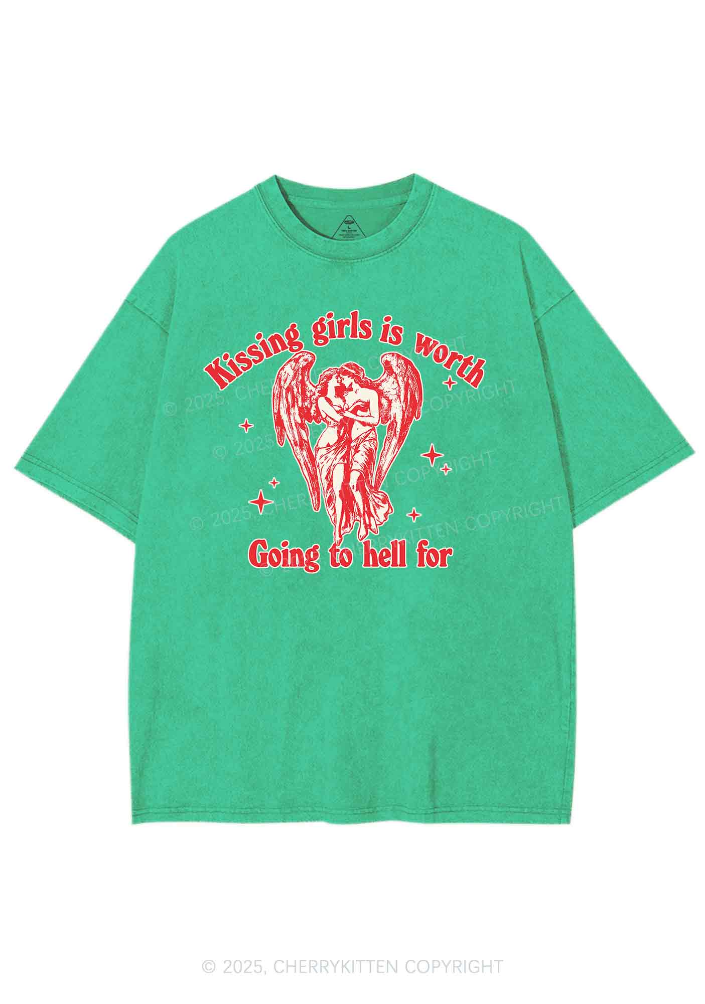 Kissing Girls To Hell Pride Y2K Shirts Washed Tee Cherrykitten - Image 8