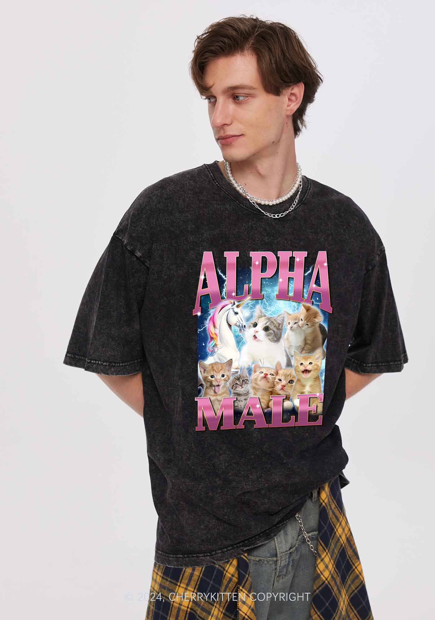 Kitten Unicorn Alpha Male Y2K Washed Tee Cherrykitten - Image 2