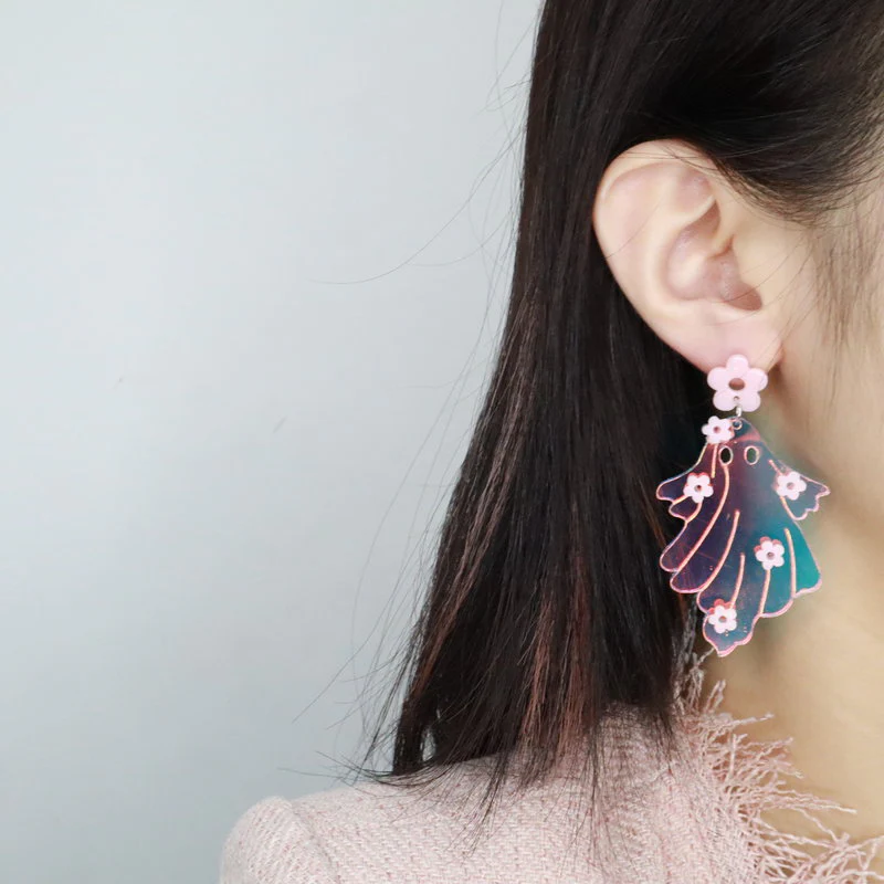 Laser Colorful Flower Halloween Ghost Earrings - Image 3