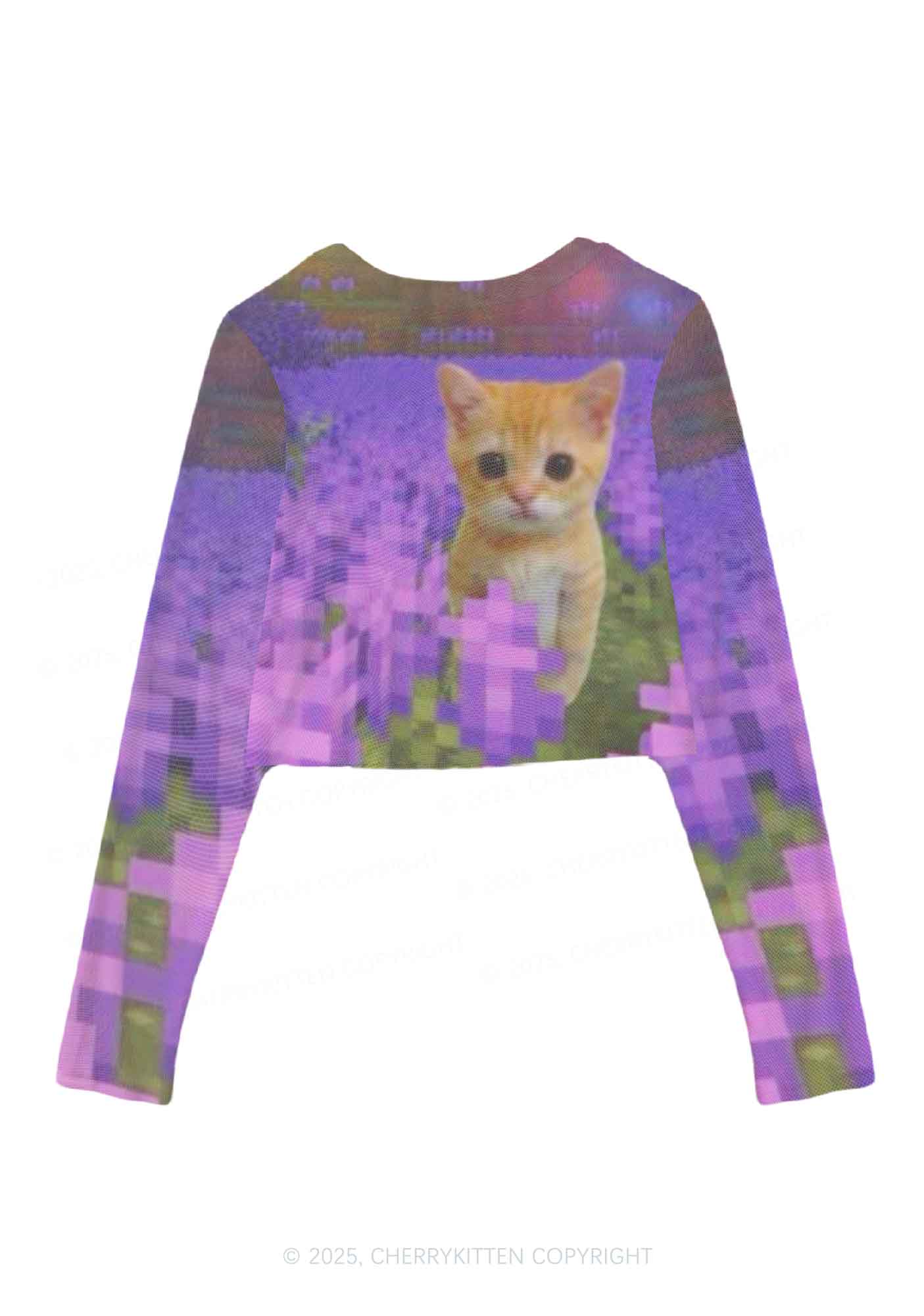 Lavender Kitten Y2K Mesh Long Sleeve Crop Top Cherrykitten - Image 2