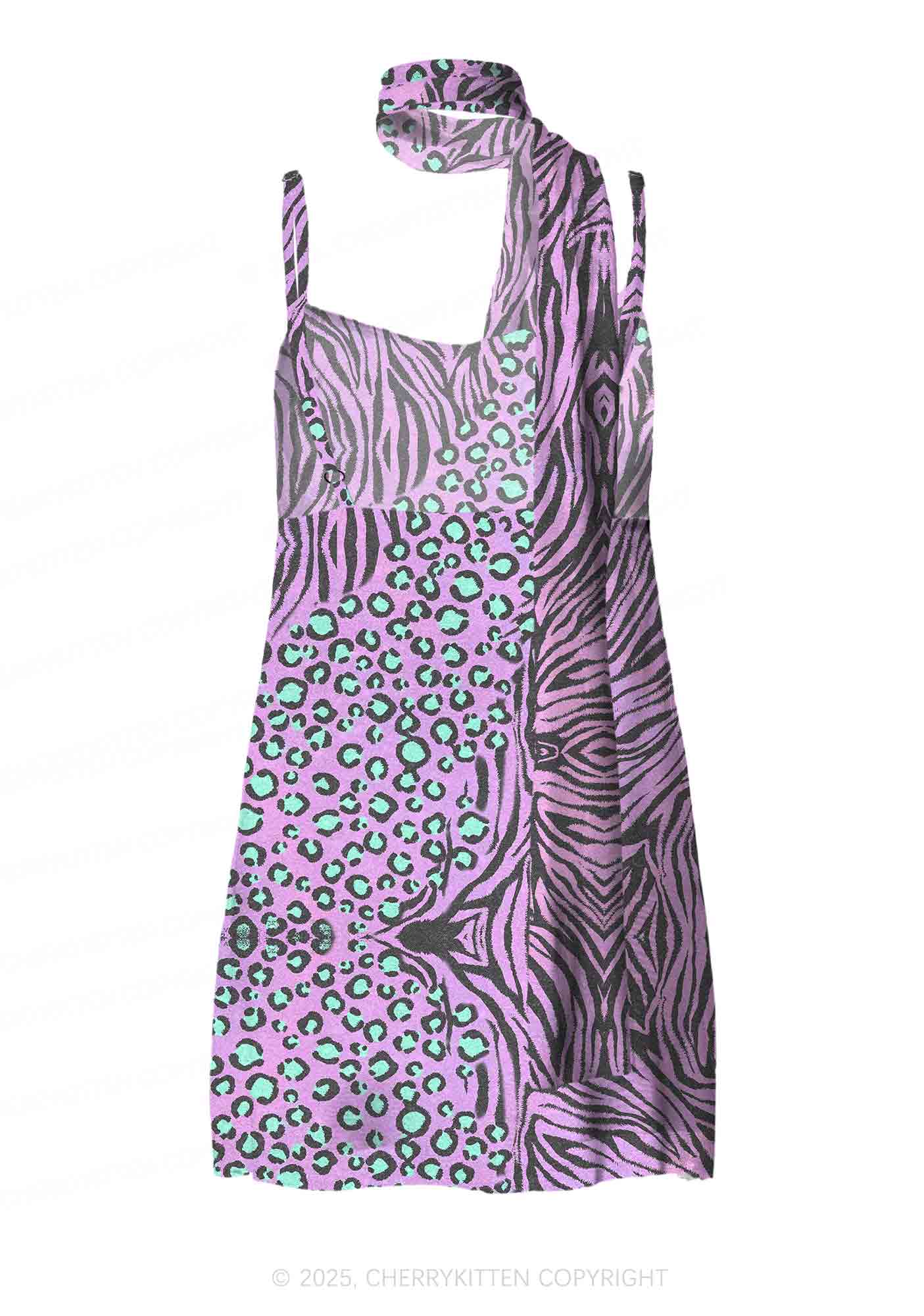 Lavender Zebra Y2K Mesh Slip Dress With Scarf Set Cherrykitten - Image 3