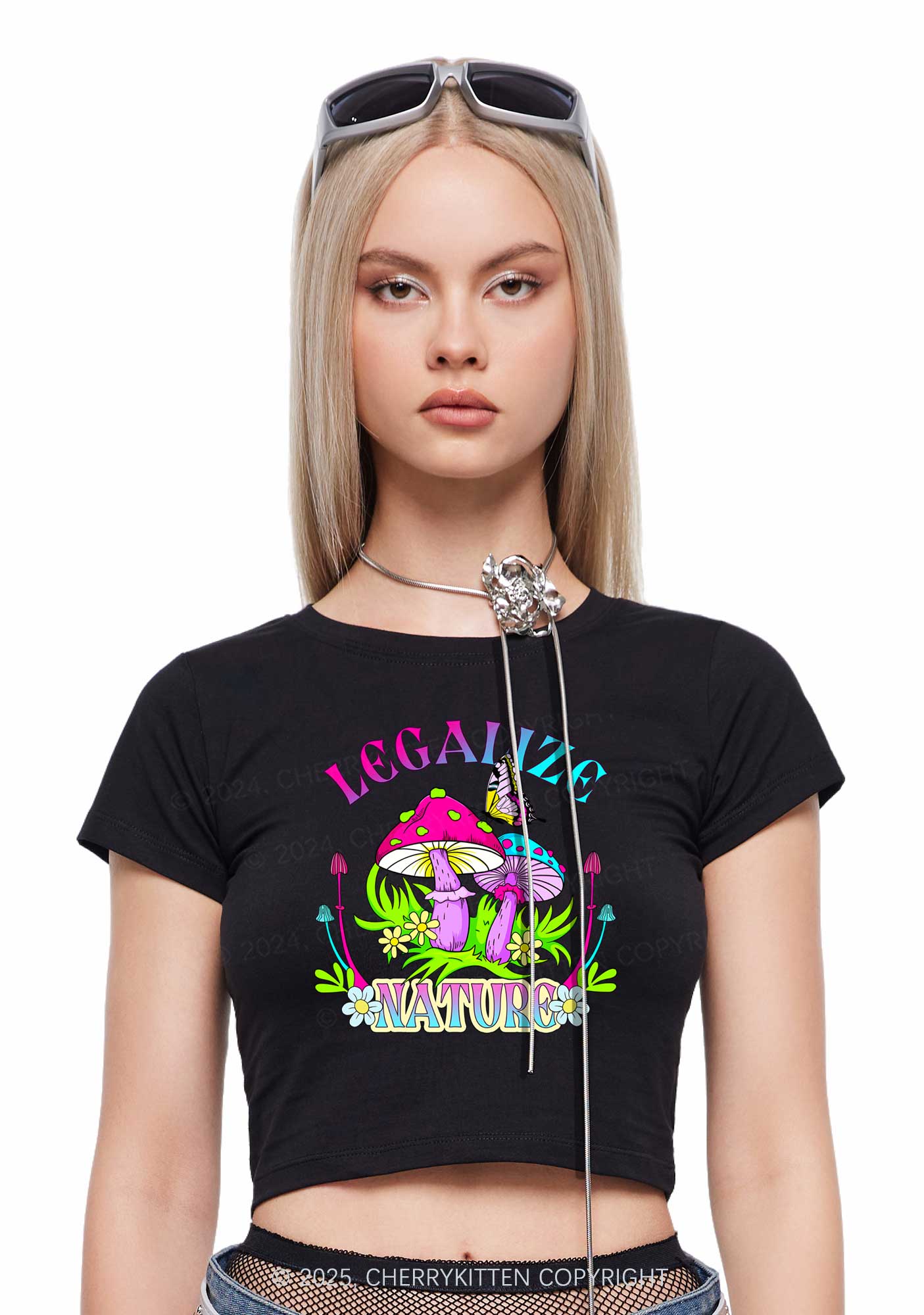 Legalize Nature Shrooms Y2K Baby Tee Cherrykitten - Image 2