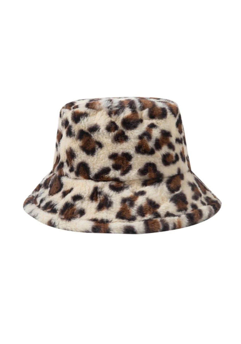 Leopard Print Faux Wool Plush Bucket Hat - Image 2