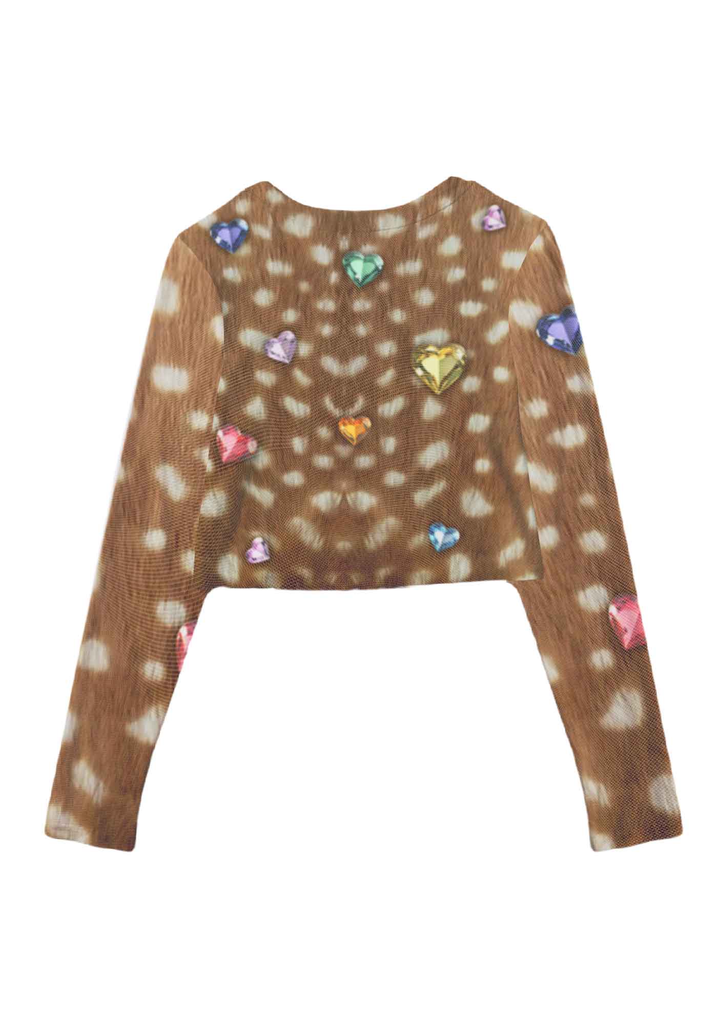 Leopard With Gems Y2K Mesh Long Sleeve Crop Top Cherrykitten - Image 3