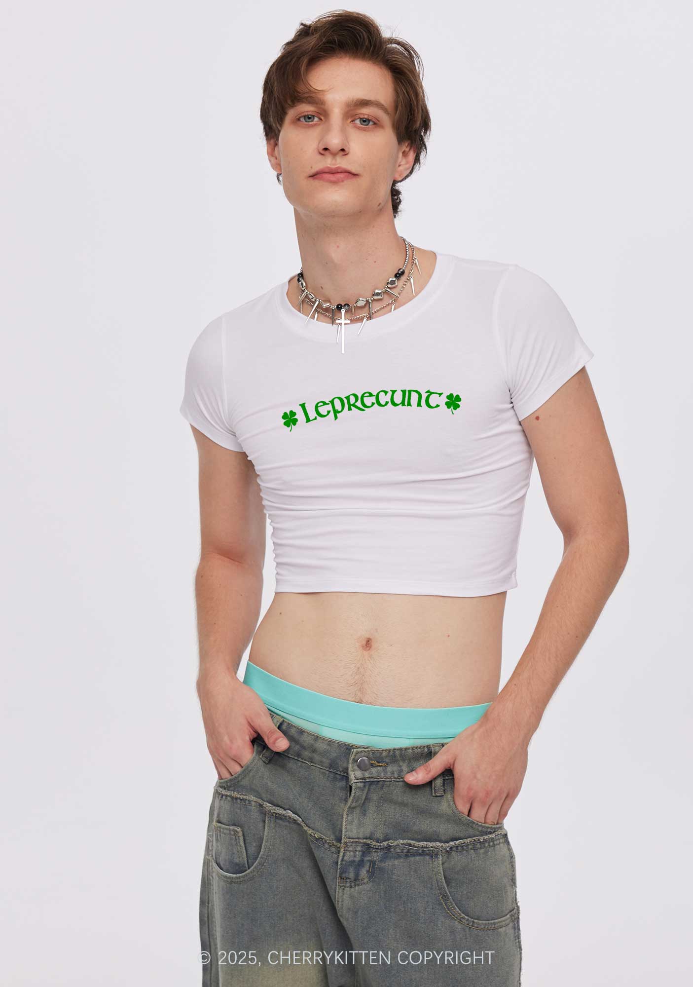 Leprecunt St Patricks Y2K Baby Tee Cherrykitten - Image 2