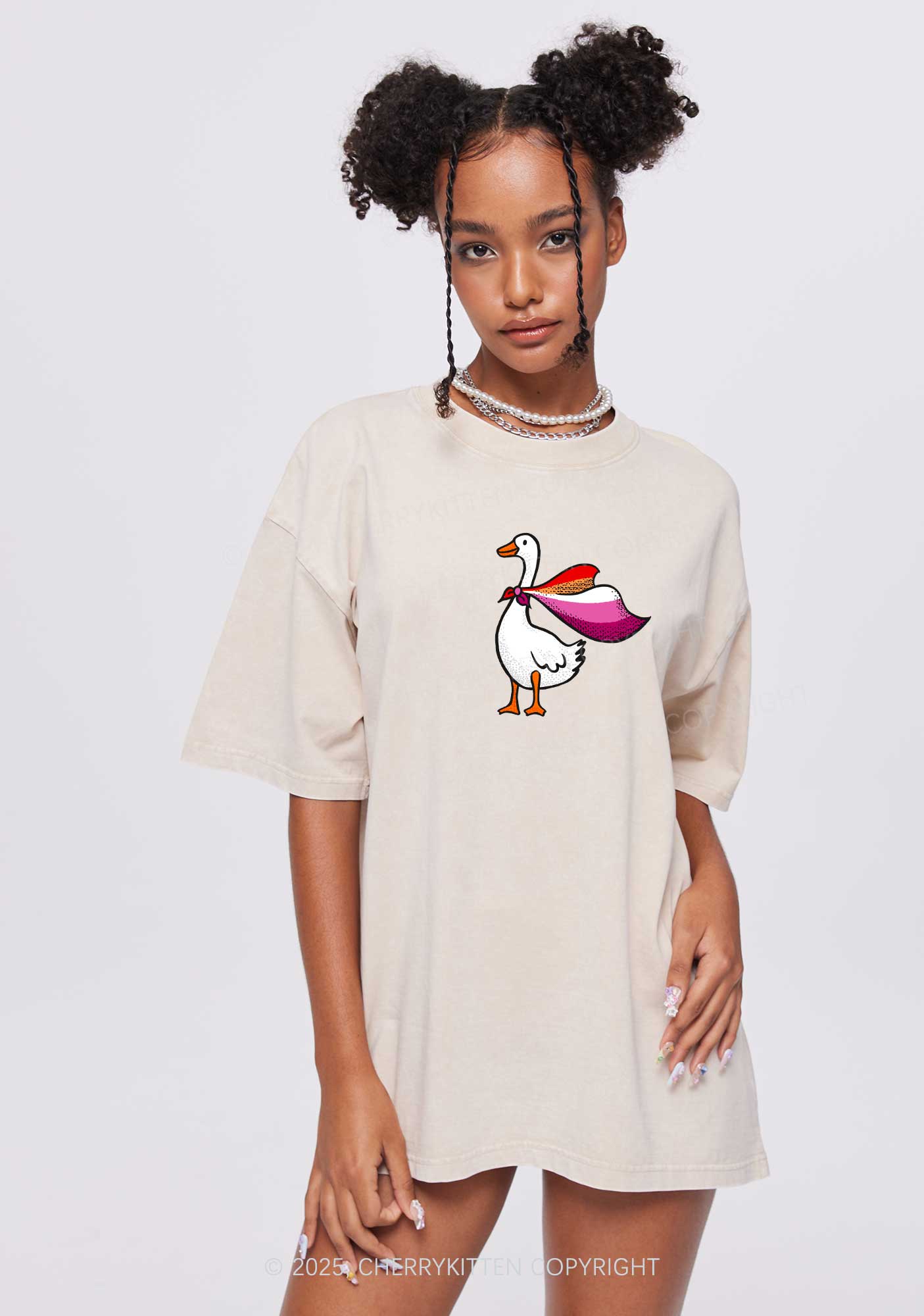 Lesbian Goose Pride Y2K Shirts Washed Tee Cherrykitten - Image 2