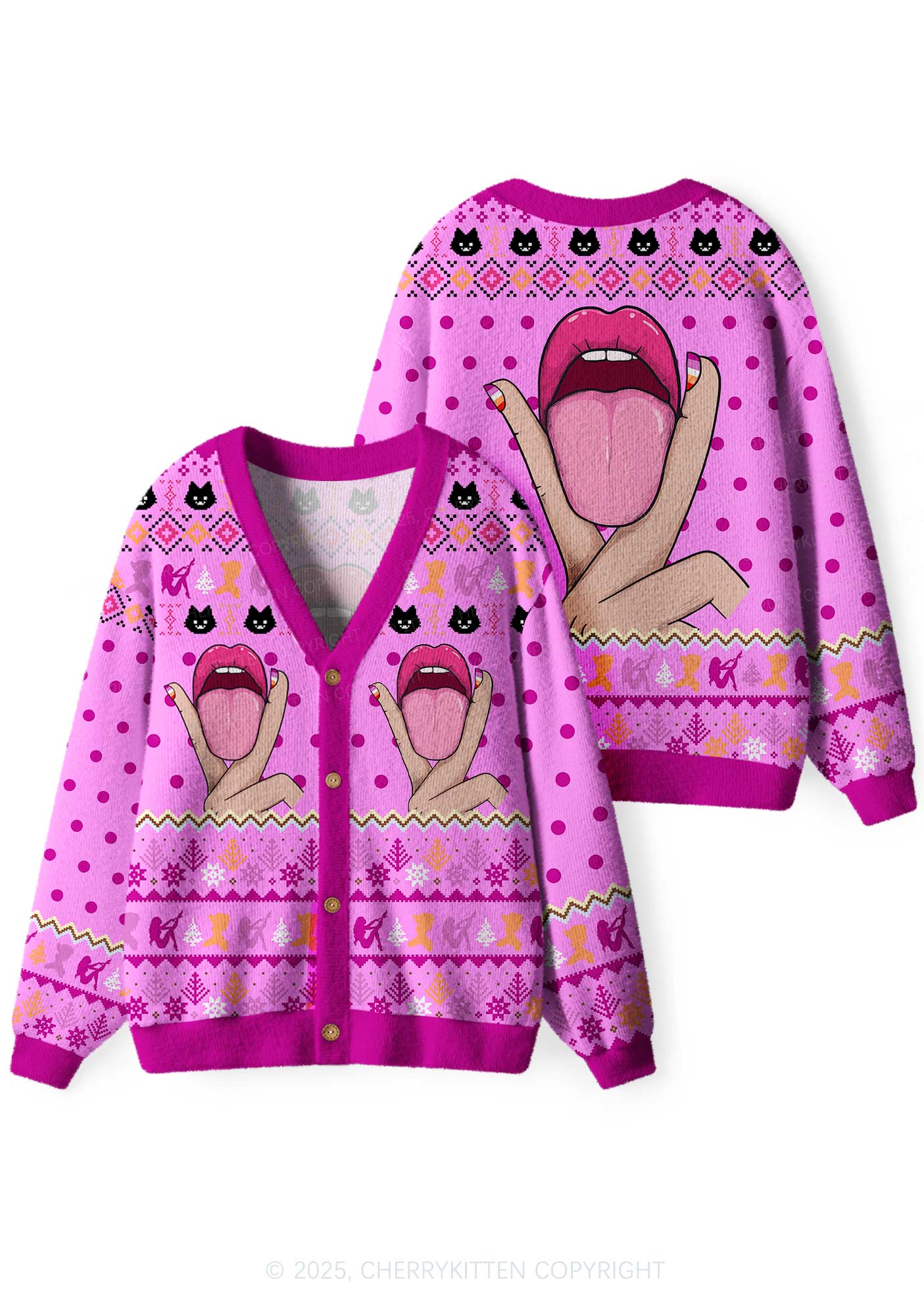 Lesbian Kissing Pride Y2K Christmas Cardigan Knit Sweatshirt Cherrykitten - Image 3