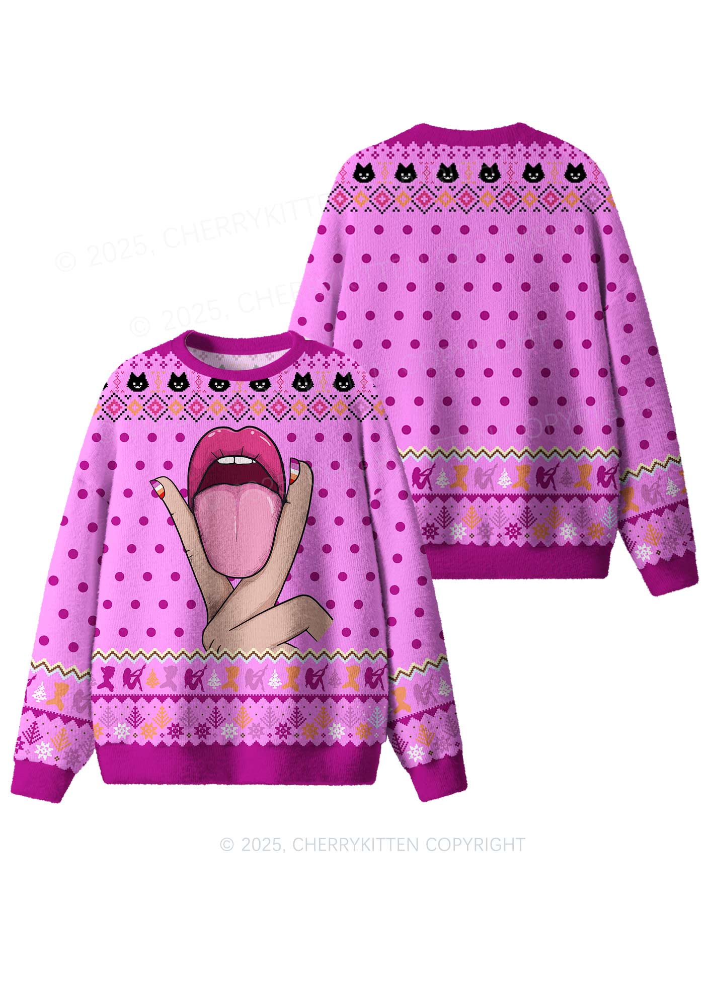 Lesbian Kissing Pride Y2K Christmas Knit Sweatshirt Cherrykitten - Image 3