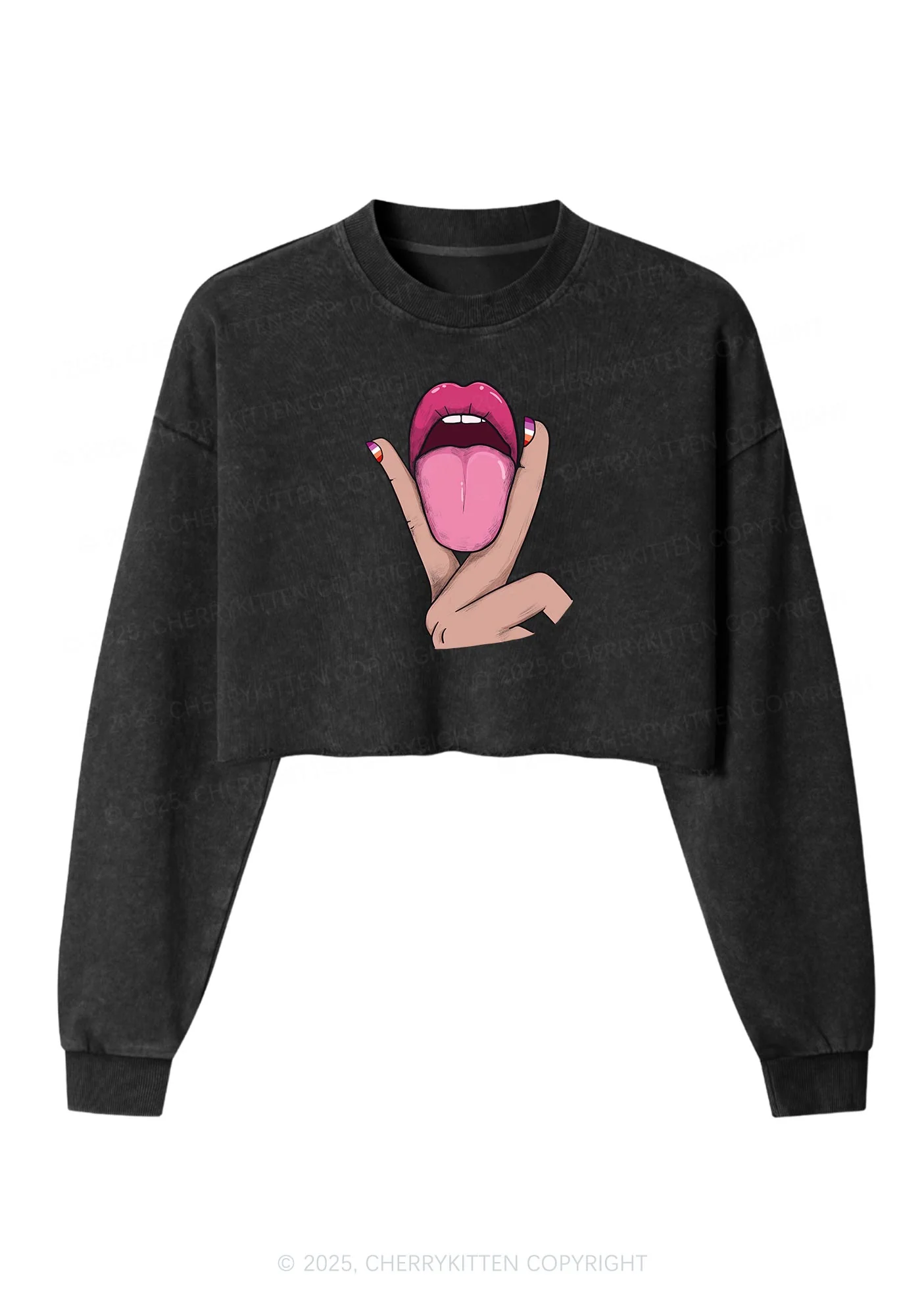 Lesbian Kissing Pride Y2K Crop Washed Sweatshirts Cherrykitten - Image 3