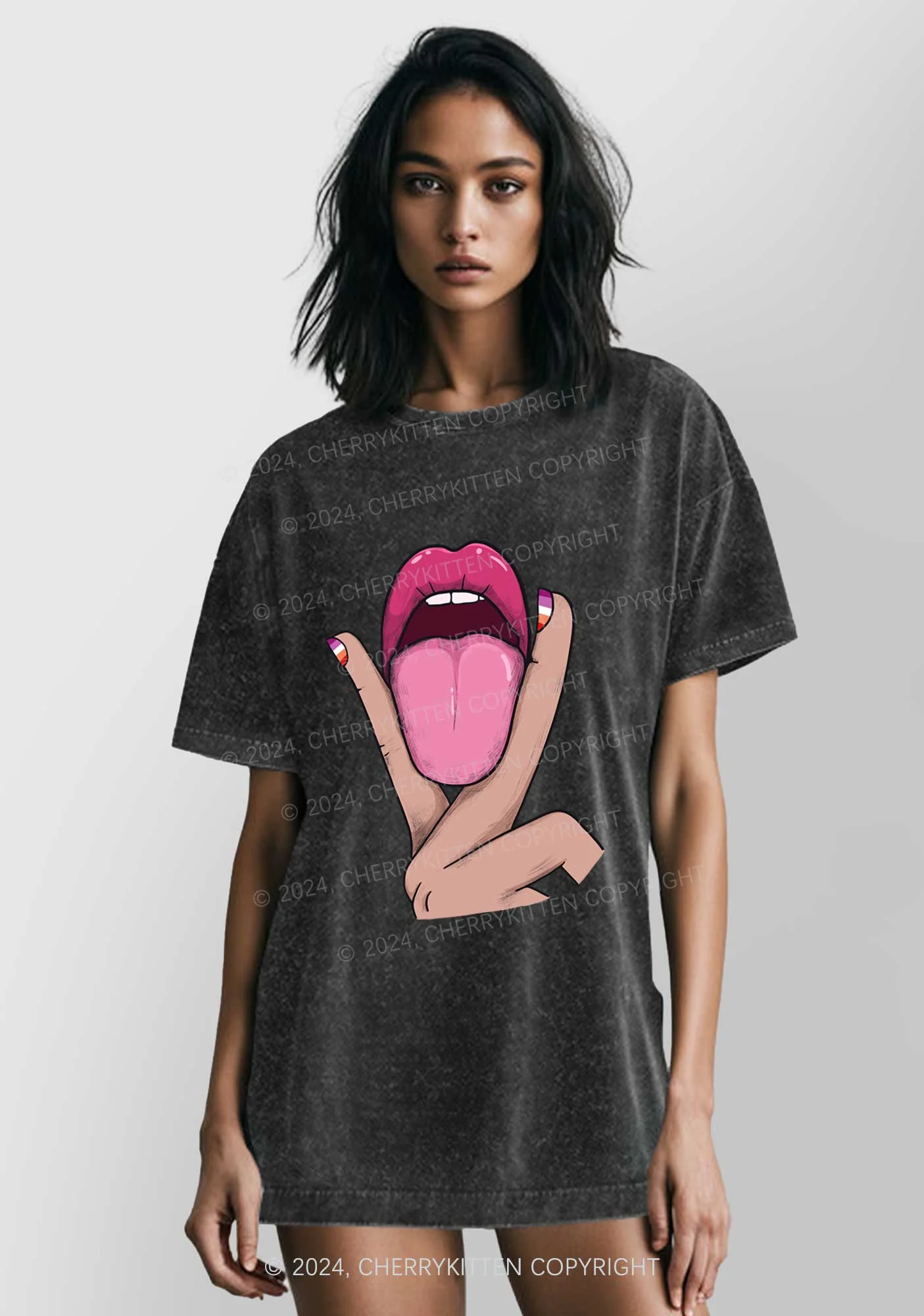 Lesbian Kissing Y2K Washed Tee Cherrykitten - Image 2