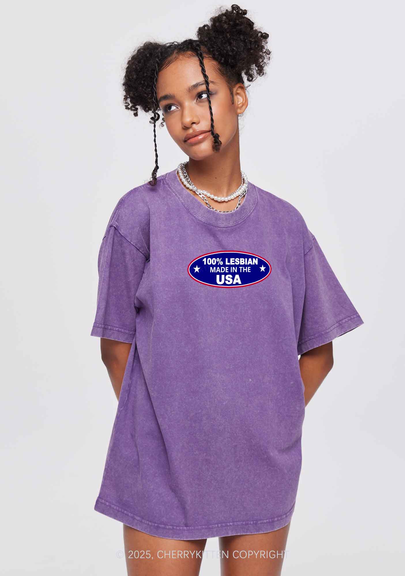Lesbian Made In USA Y2K Shirts Washed Tee Cherrykitten - Image 2