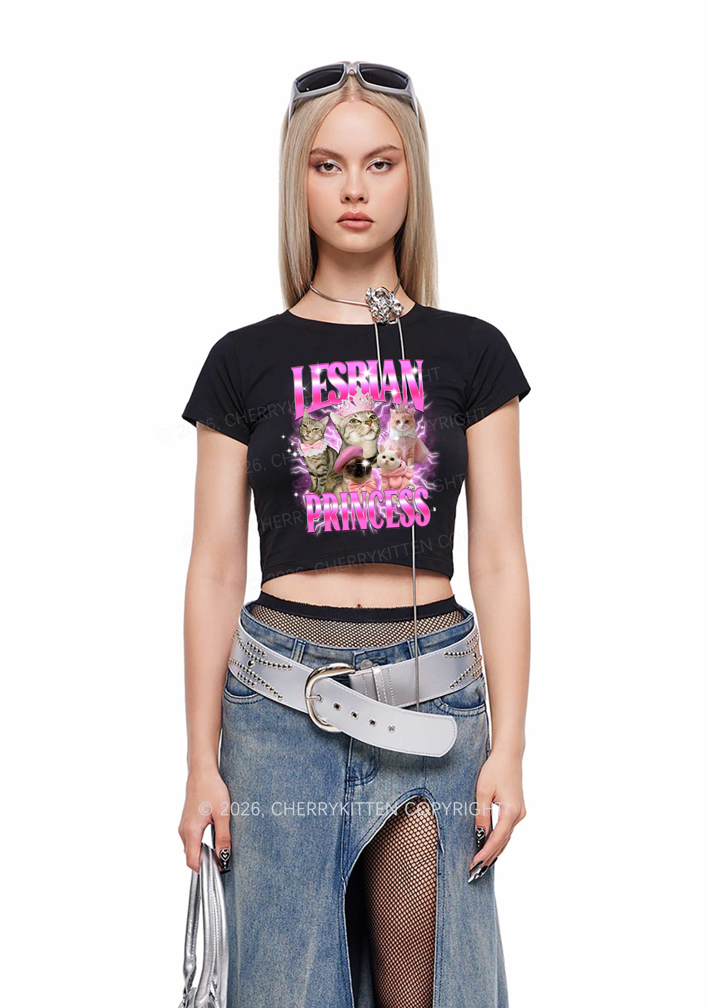 Lesbian Princess Cats Y2K Baby Tee Cherrykitten - Image 2