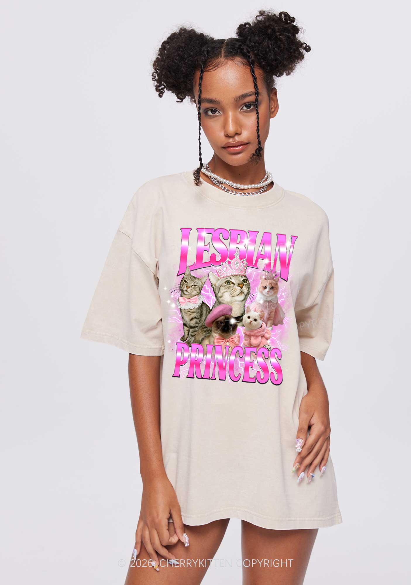 Lesbian Princess Cats Y2K Shirts Washed Tee Cherrykitten - Image 2