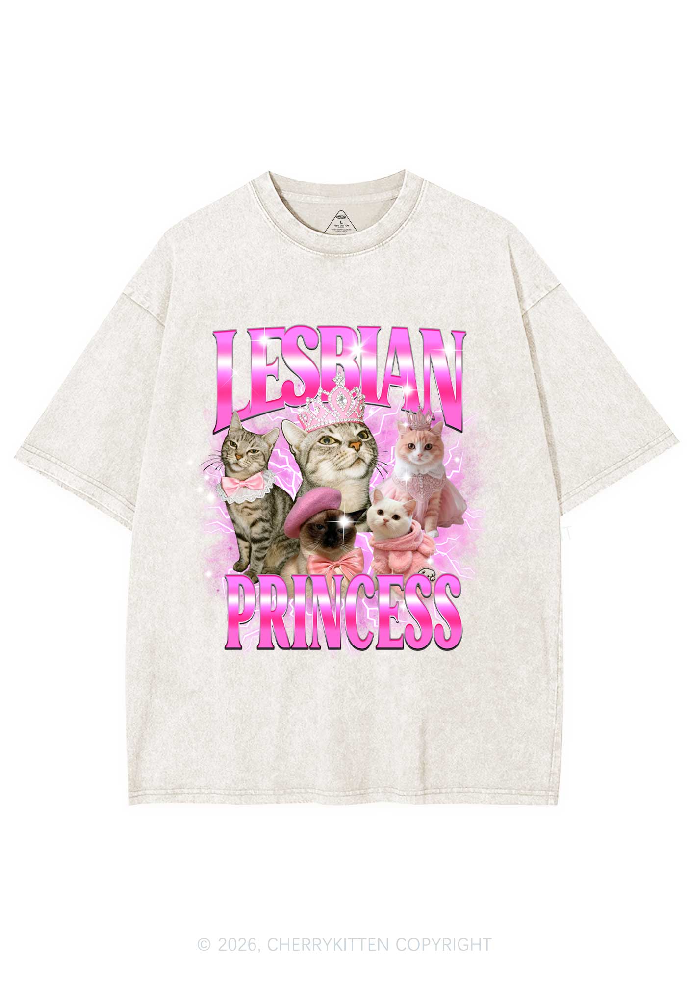 Lesbian Princess Cats Y2K Shirts Washed Tee Cherrykitten - Image 3