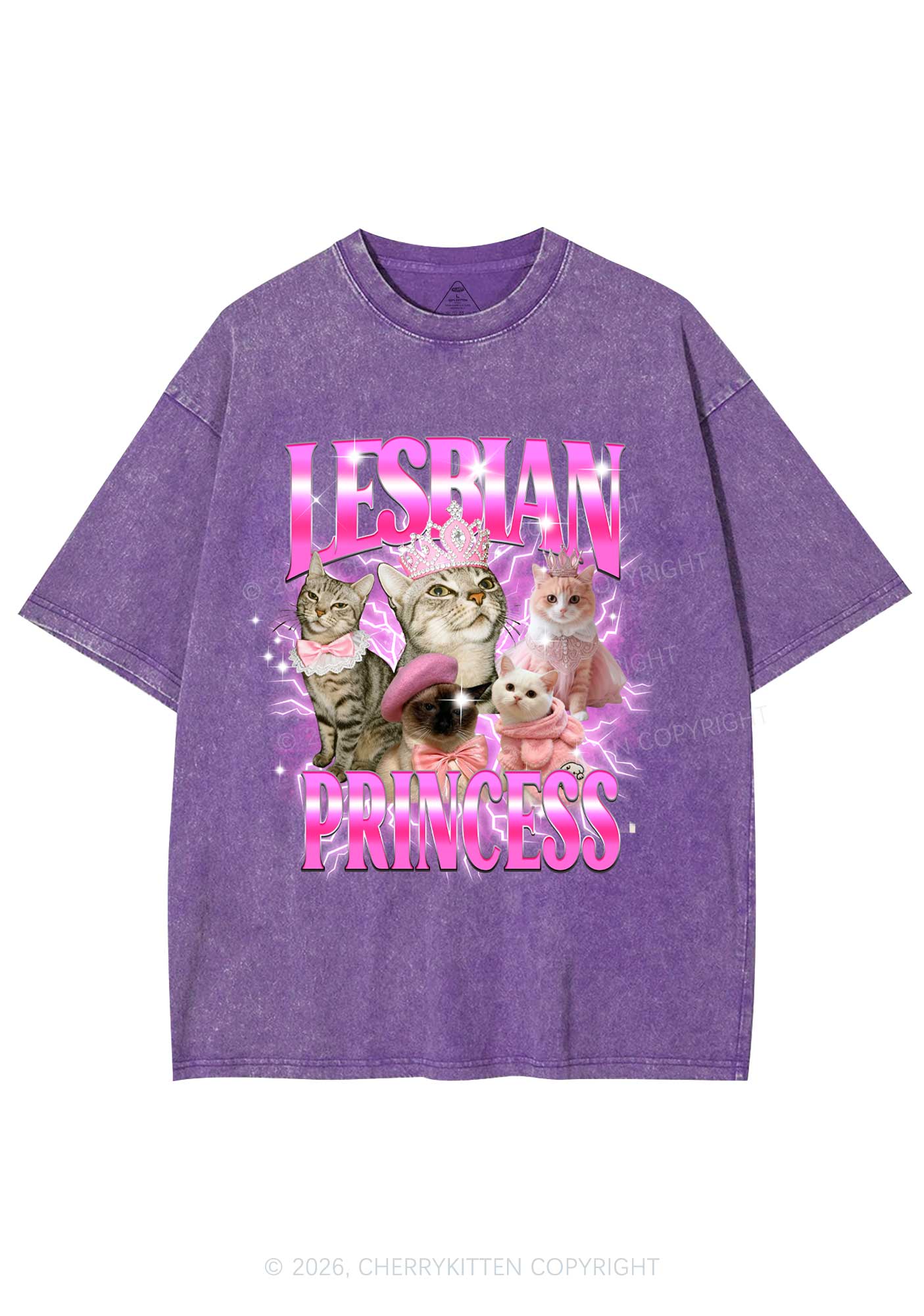 Lesbian Princess Cats Y2K Shirts Washed Tee Cherrykitten - Image 4