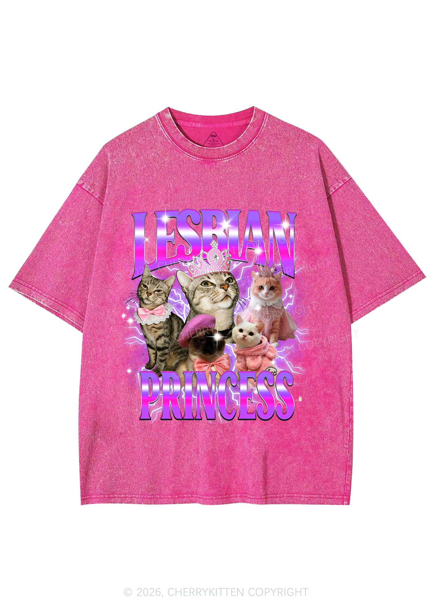 Lesbian Princess Cats Y2K Shirts Washed Tee Cherrykitten - Image 5