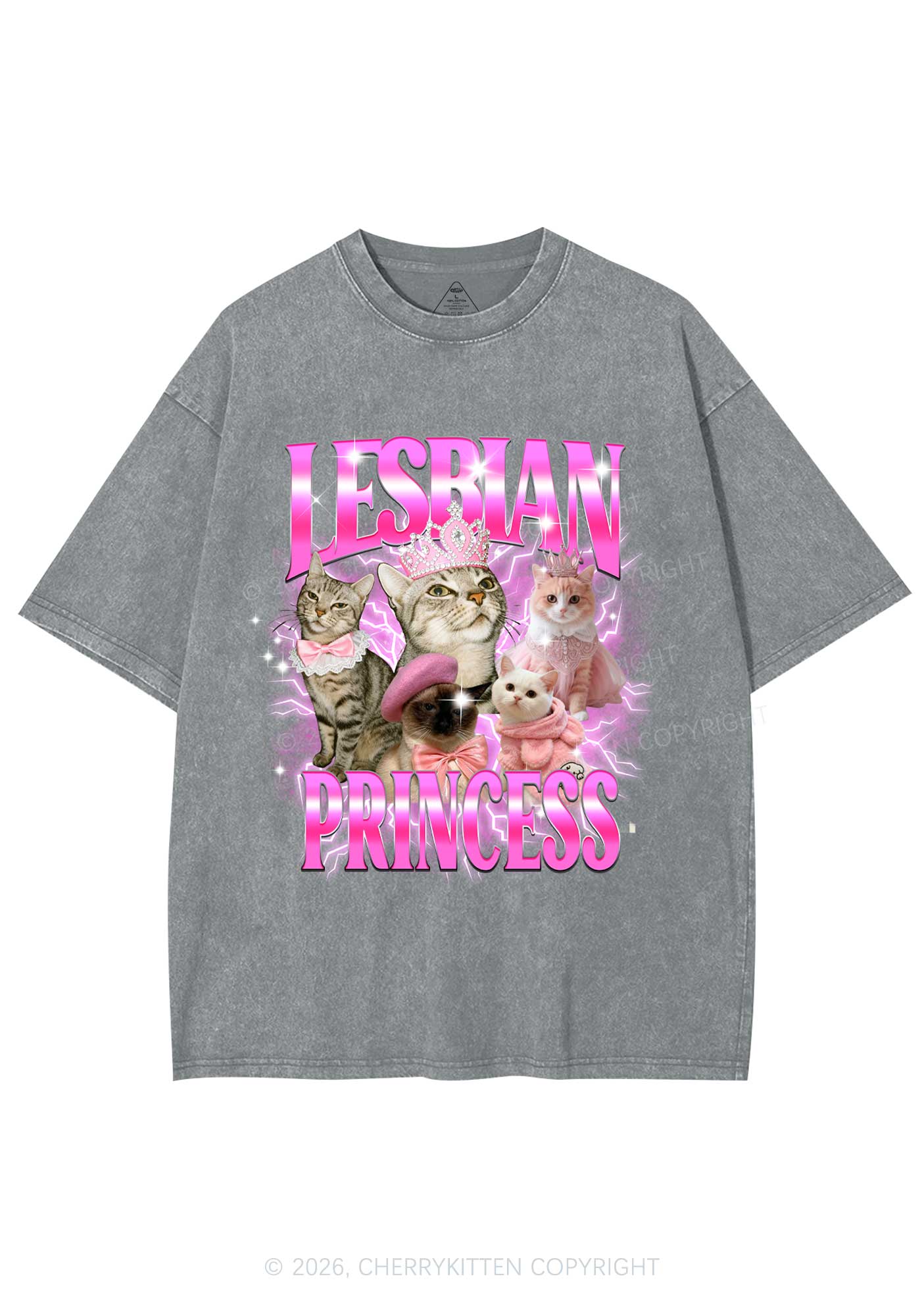 Lesbian Princess Cats Y2K Shirts Washed Tee Cherrykitten - Image 6