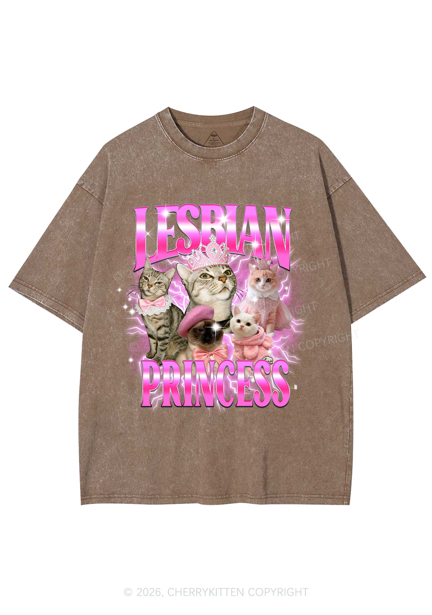 Lesbian Princess Cats Y2K Shirts Washed Tee Cherrykitten - Image 7