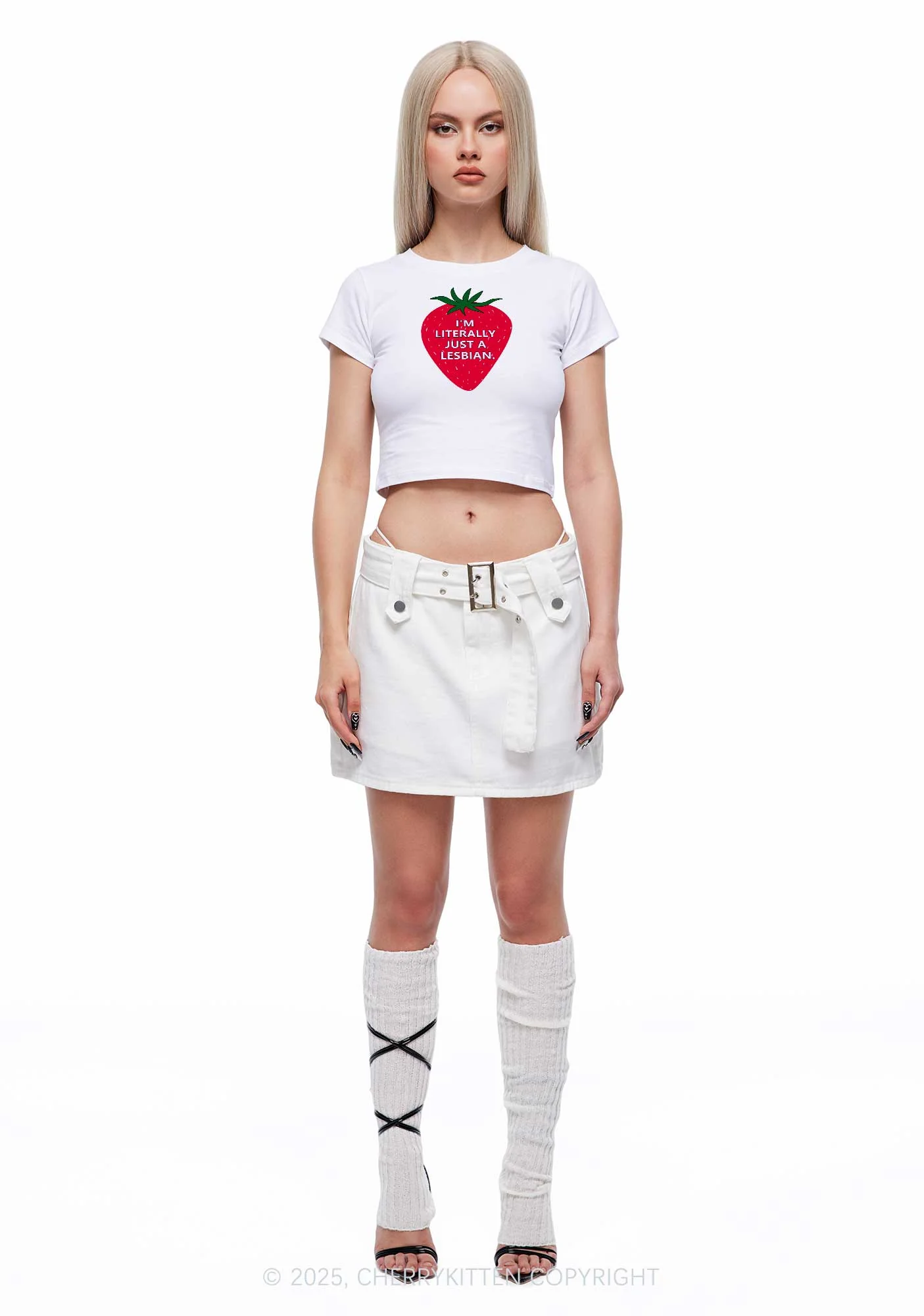Lesbian Strawberry Pride Y2K Baby Tee Cherrykitten - Image 3