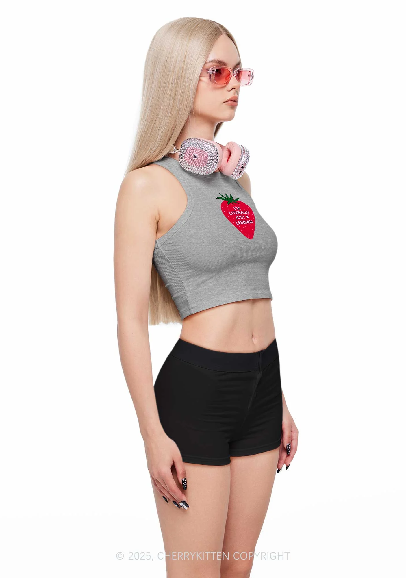 Lesbian Strawberry Pride Y2K Crop Tank Top Cherrykitten - Image 2