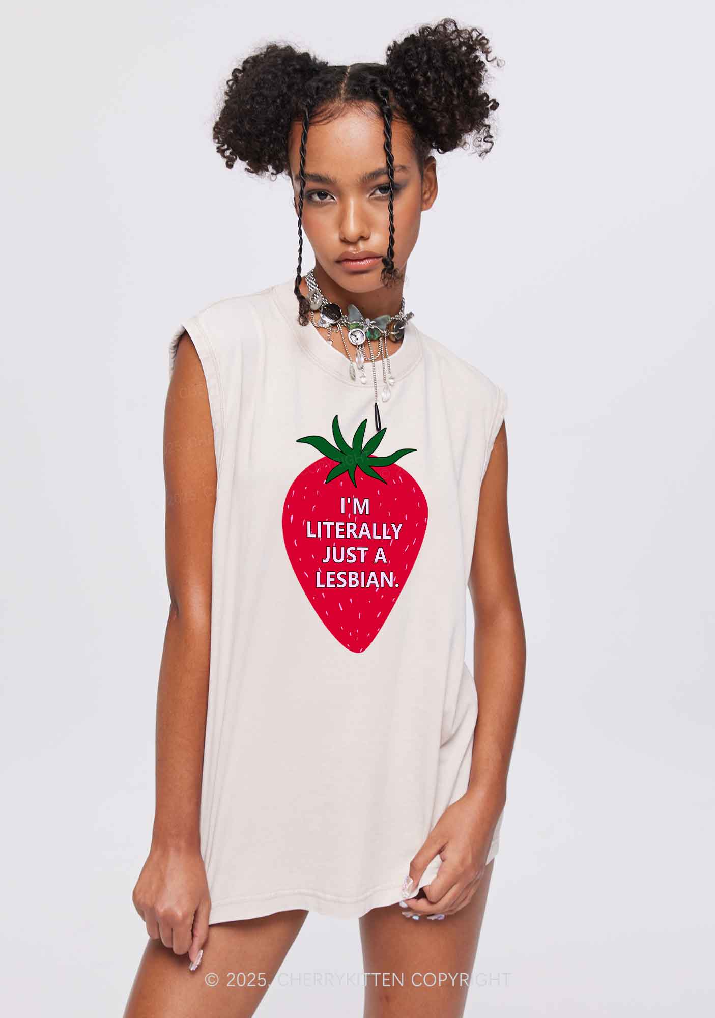 Lesbian Strawberry Pride Y2K Washed Muscle Tank Cherrykitten - Image 2