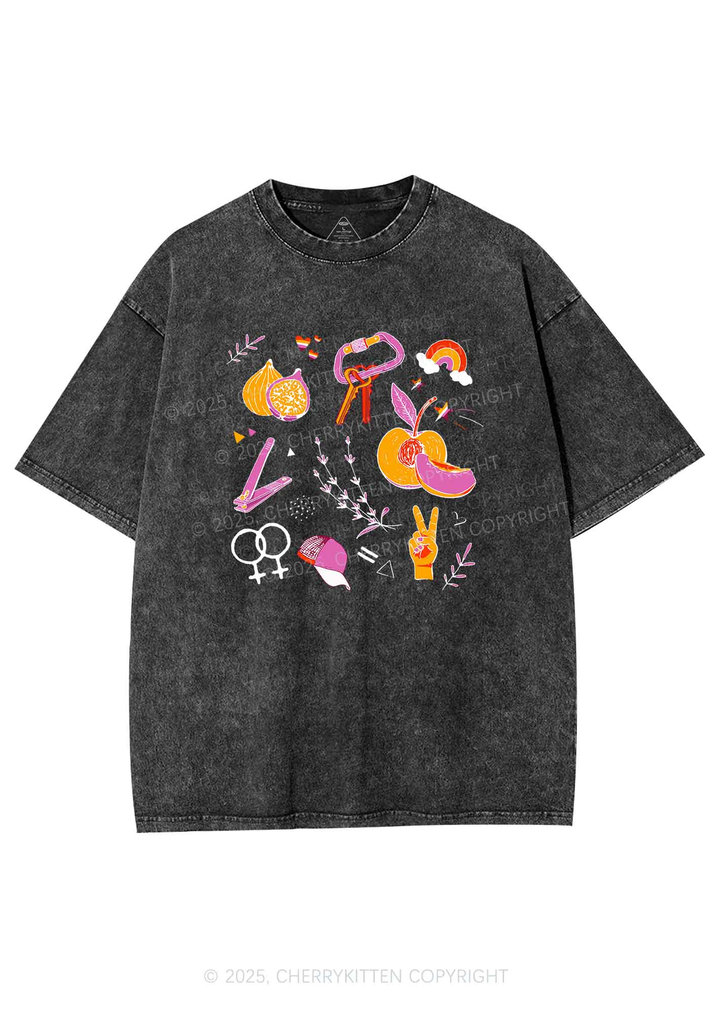 Lesbian Symbols Y2K Shirts Washed Tee Cherrykitten - Image 3