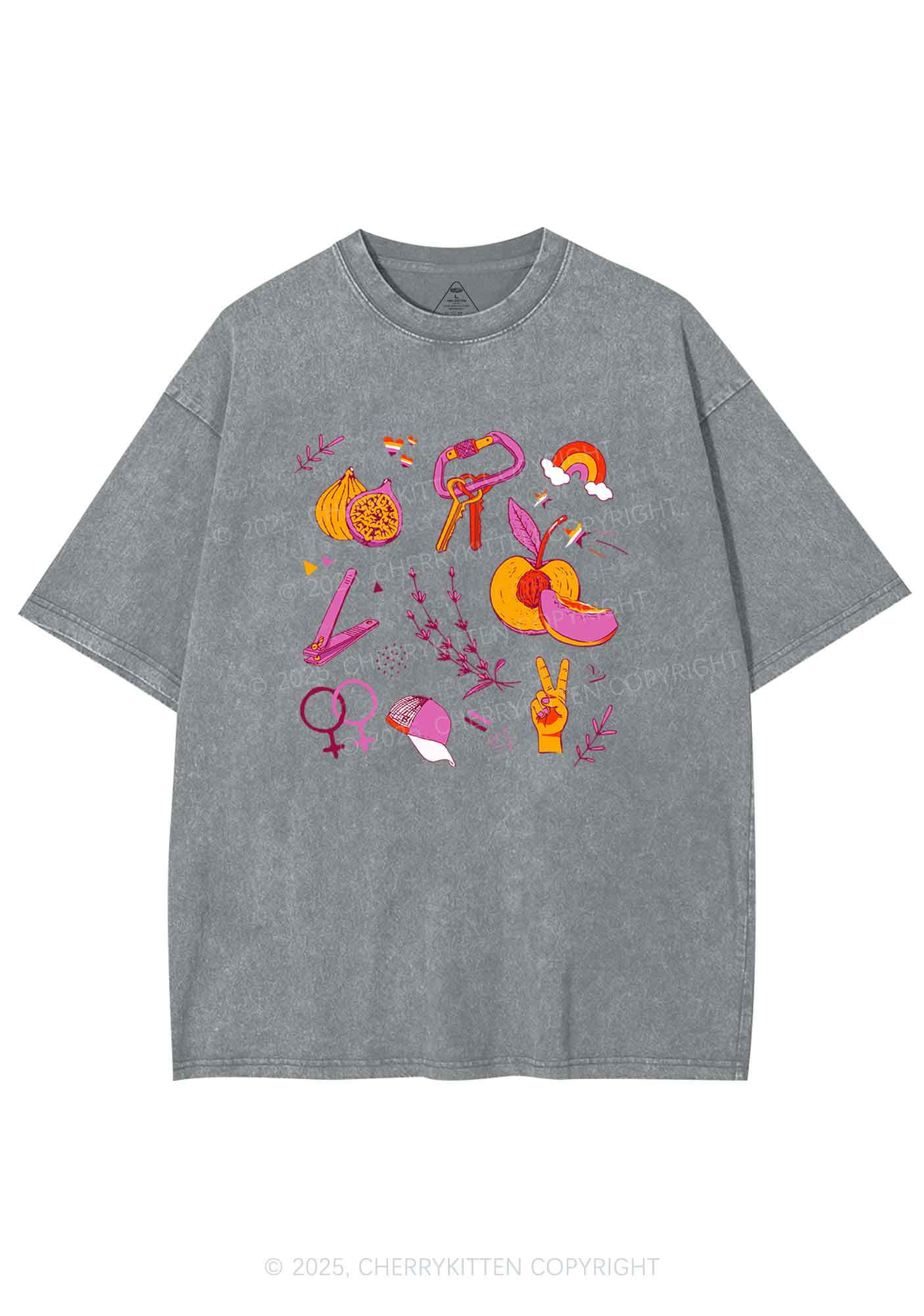 Lesbian Symbols Y2K Shirts Washed Tee Cherrykitten - Image 7