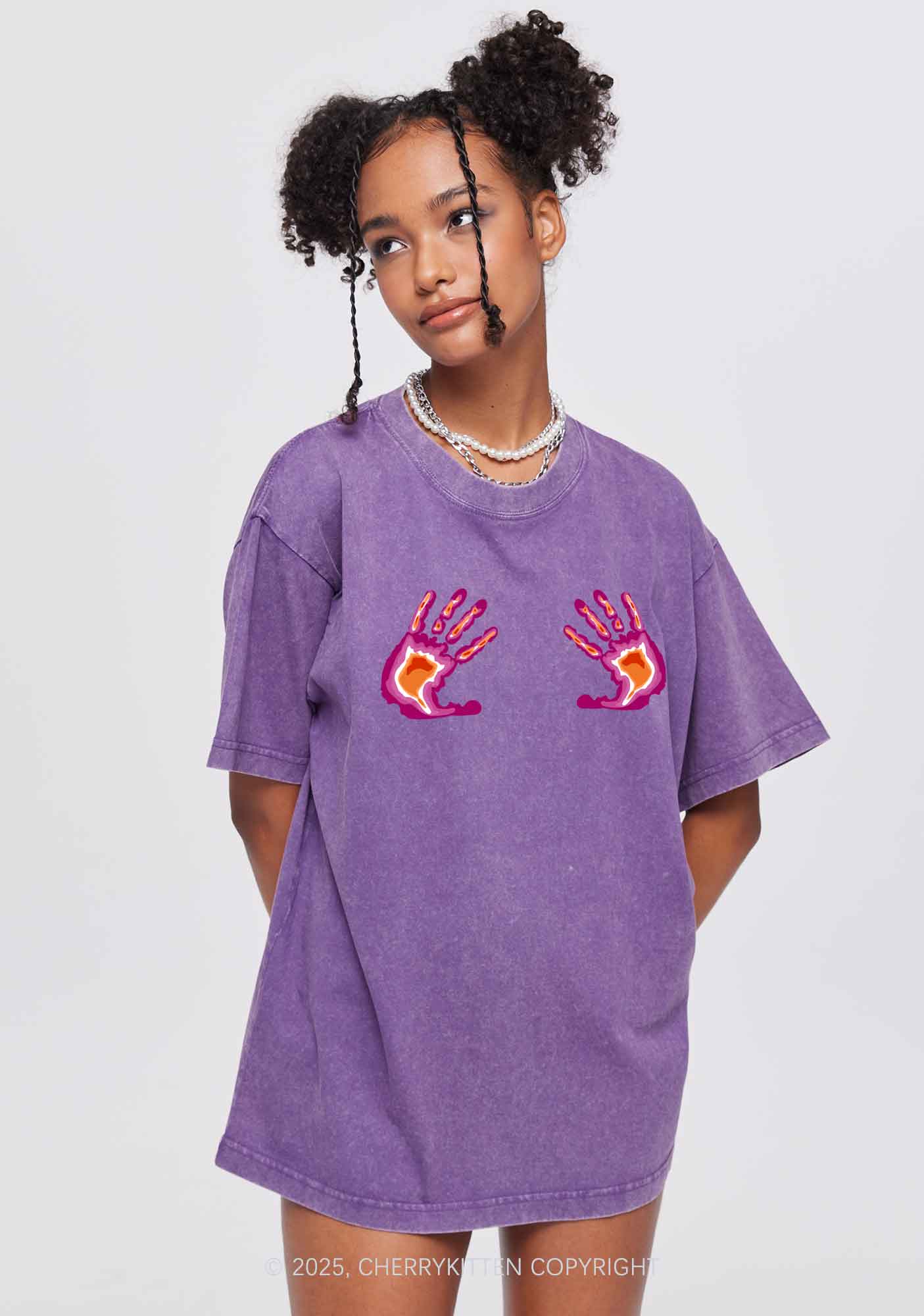 Lesbian Thermal Hands Y2K Shirts Washed Tee Cherrykitten - Image 2